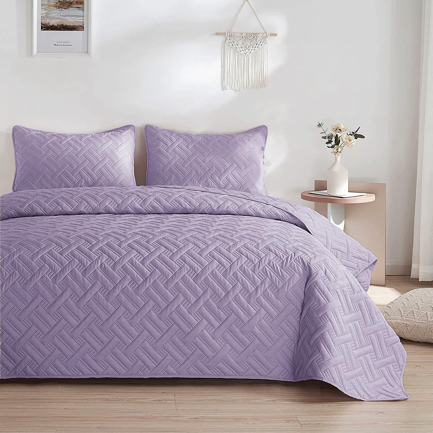 Amazon Brand - Umi 100% Cotton Quilted/Ultrasonic 280 Tc Printed King Size Ultra Soft Bed Cover/Bedsheet/Bedspread Comforter with 2 Pillow Shams/Cover, Luxurious 90 x100 inches, (Lavender)-image-38