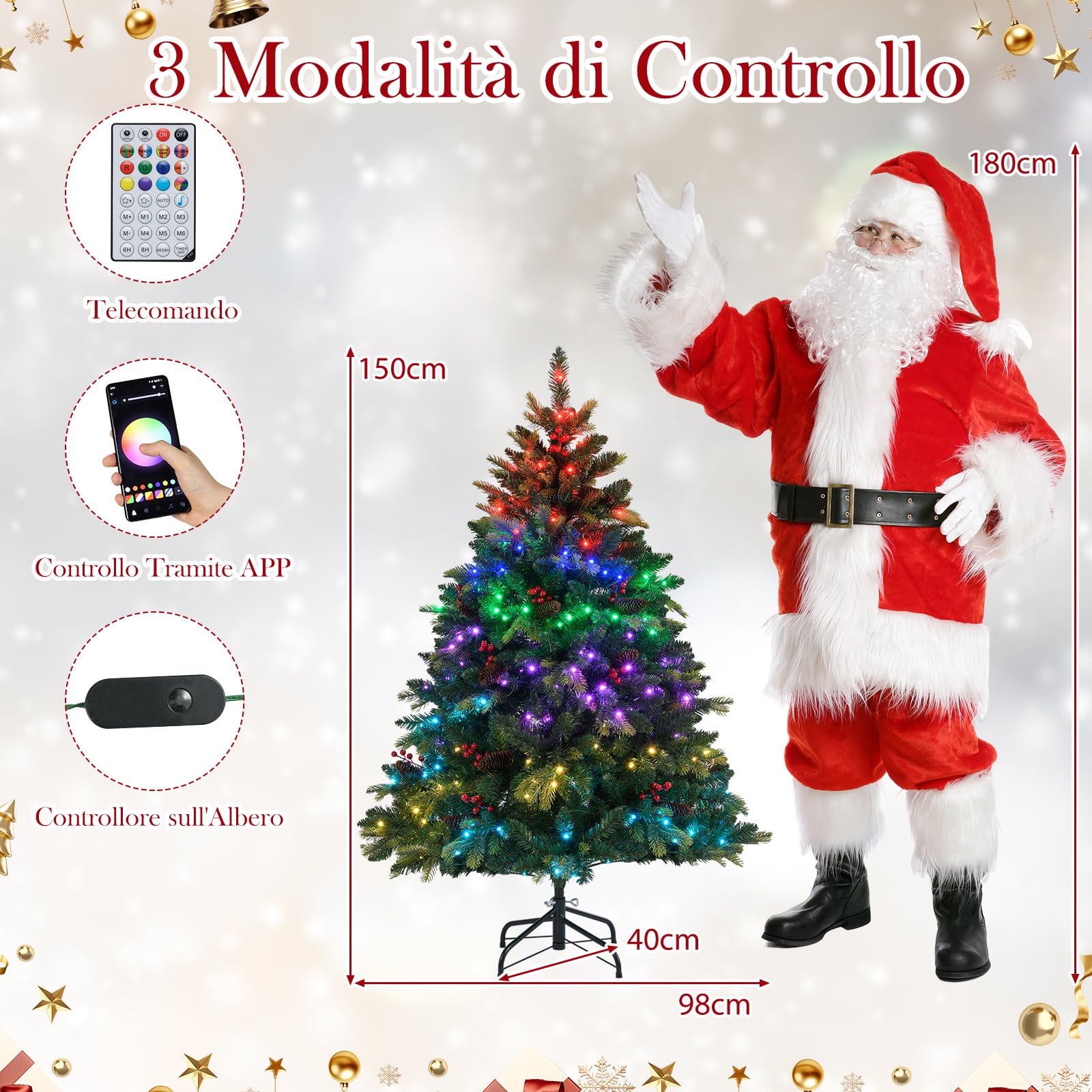 COSTWAY Albero di Natale Artificiale 150/180 cm, con 250/370 Luci RGB Multicolori Controllabili tramite APP, 584/1054 Rami in PE & PVC, 23/41 Pigne e 23/41 Bacche Rosse e Controllo Remoto (150 cm)