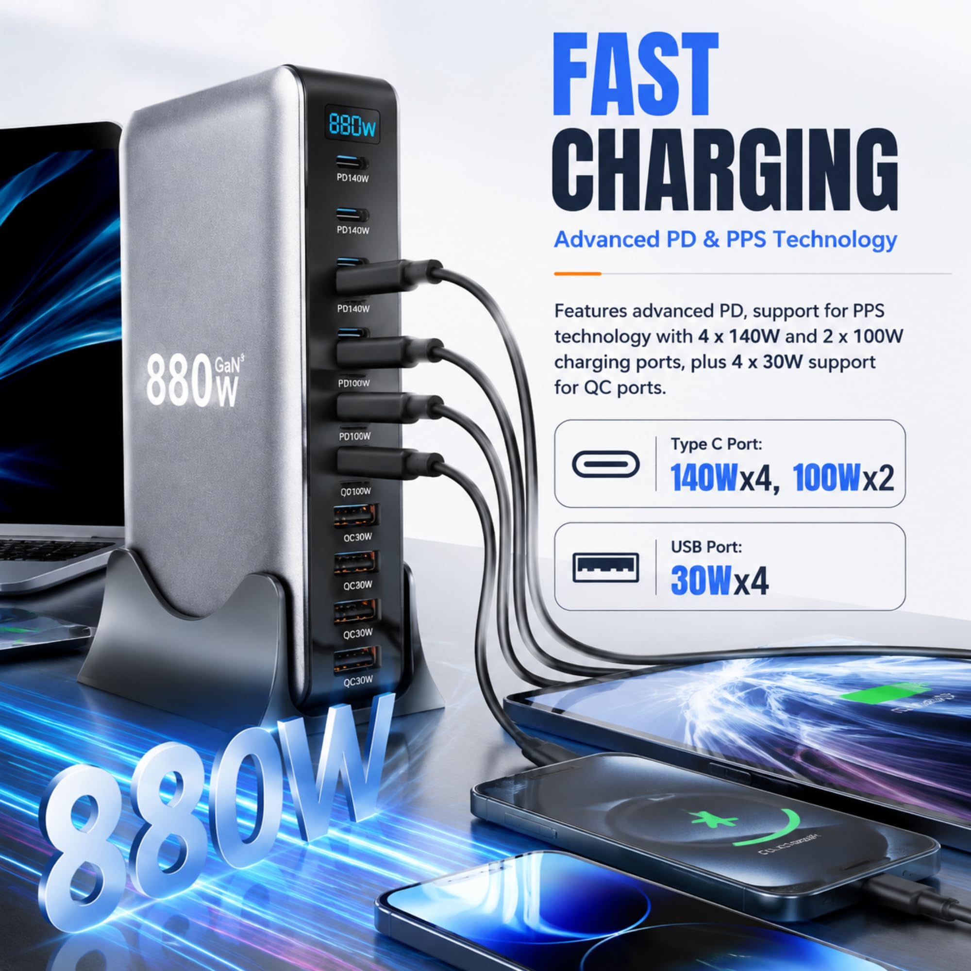 880W USB C ładowarka GaN III Pro 10-portowa ładowarka USB, 140Wx4 100Wx2 PD szybka ładowarka kompatybilna z/komputerem stacjonarnym/laptopami/telefonem (wtyczka europejska)