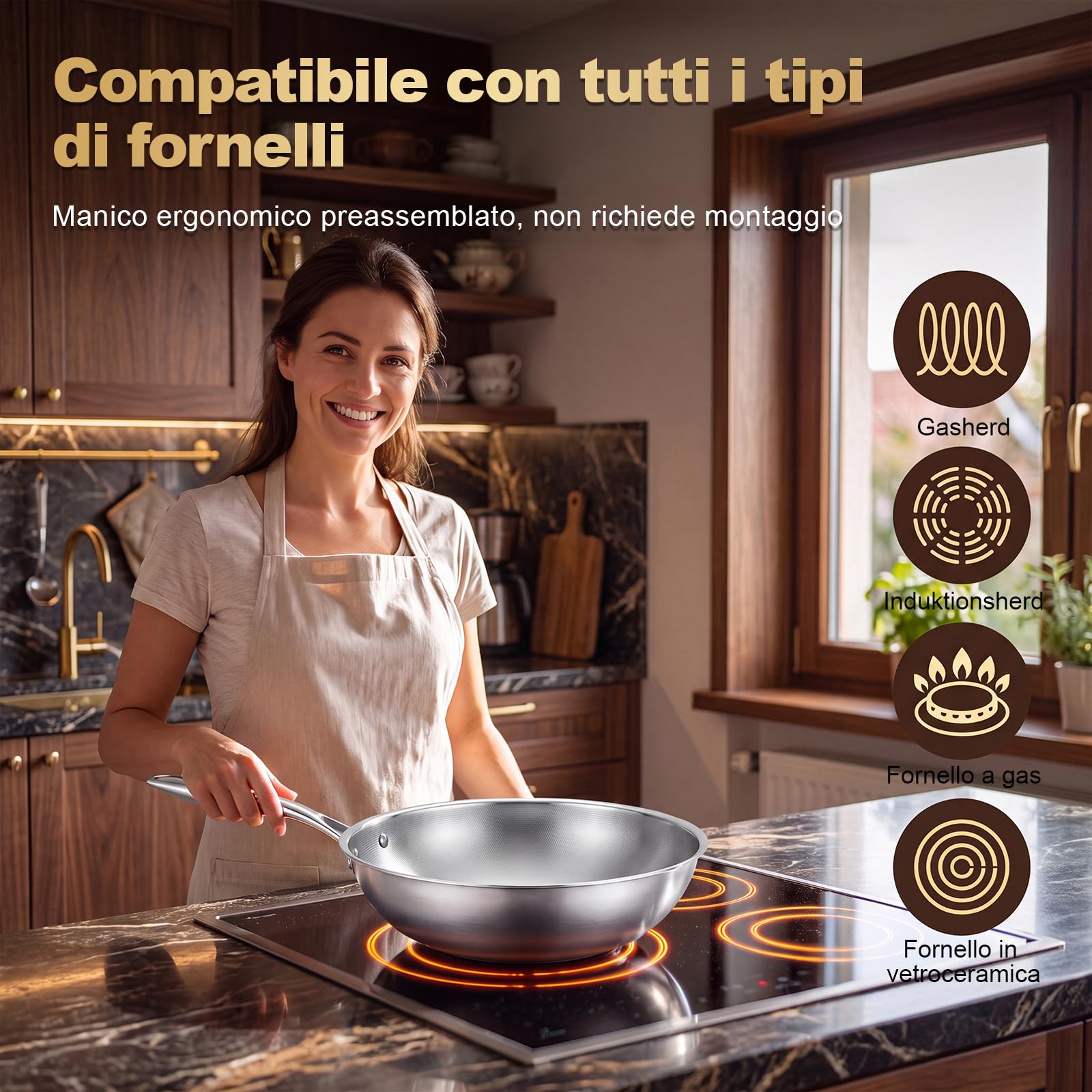 SSGP Wok in titanio 28 cm – adatto all'induzione, 3 strati, senza PFOA | Resistente ai graffi, facile pulizia, inossidabile, compatibile con tutti i fornelli, antiaderente, con coperchio