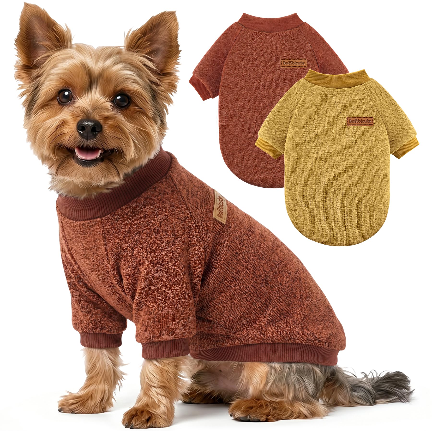 2 Pack Dog Sweaters for Small Dogs Girl Boy Winter Fleece Clothes Warm Soft Dog Sweatshirt Outfit for Dogs Cats Pet Apparel (Brown+Yellow, L (Back: 15.7",Chest: 19.6",14-18Ibs))