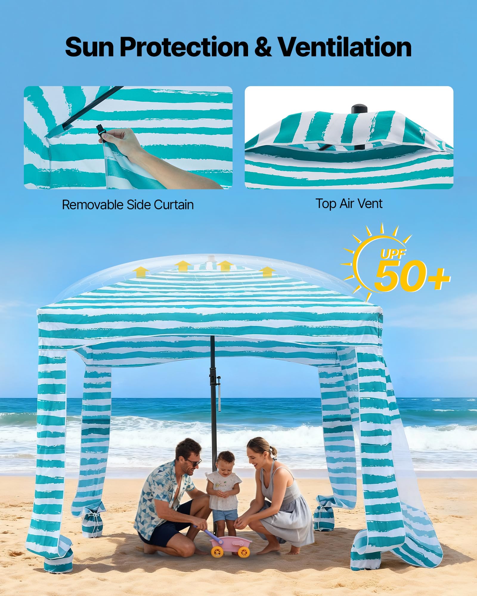 VEVOR Namiot plażowy 1830 x 1830 x 2290 mm, ze ścianą boczną i kieszeniami na piasek, przenośny parasol przeciwsłoneczny z regulacją wysokości dla rodziny i przyjaciół, zielony z białymi paskami