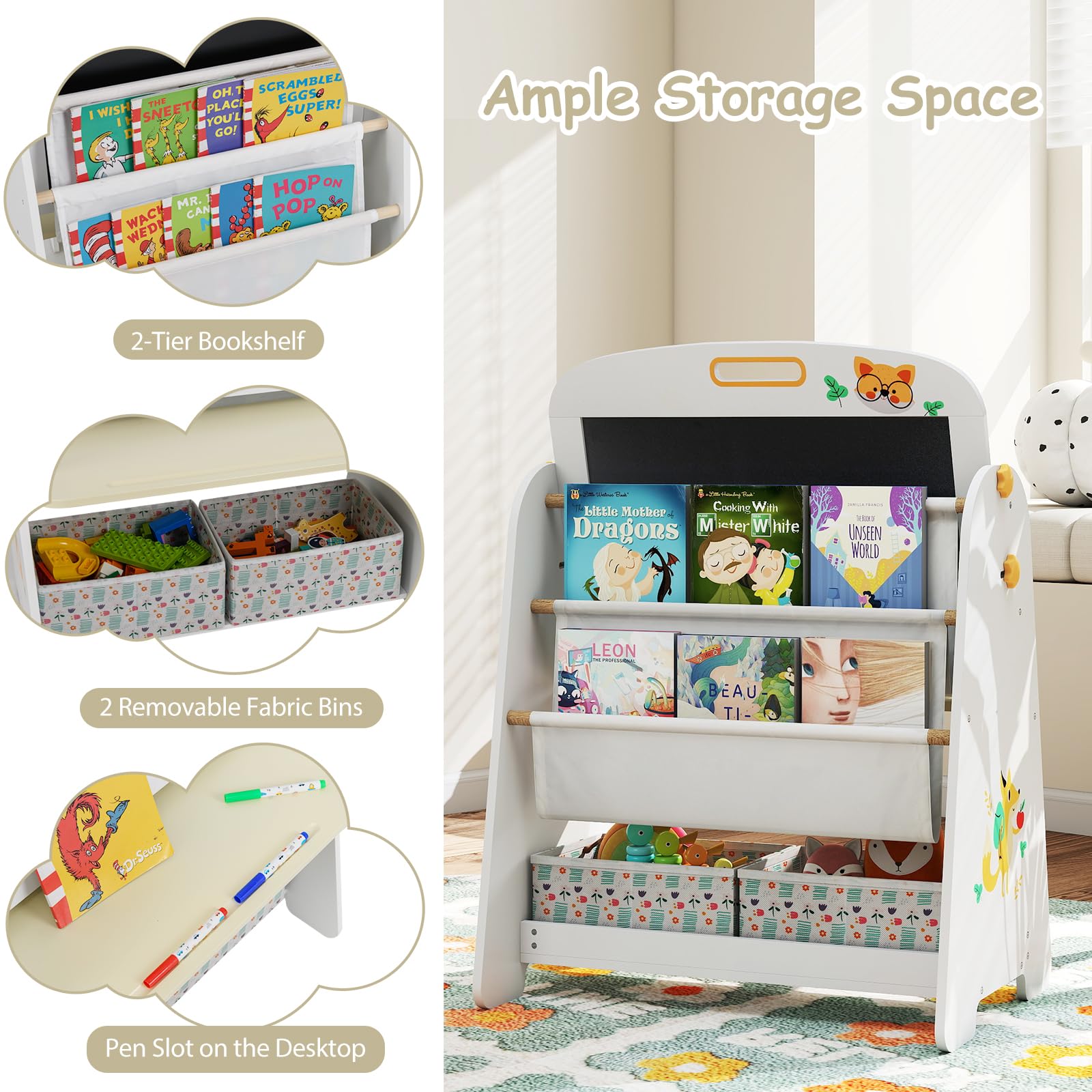 HOMASIS 4 in 1 Set di Tavolo Artistico per Bambini con Sedia, Scrivania, Lavagna Magnetica, Lavagna Nera e Scaffale, Cavalletto Regolabile in Angolo con Gomma e 5 Gessetti (Naturale)