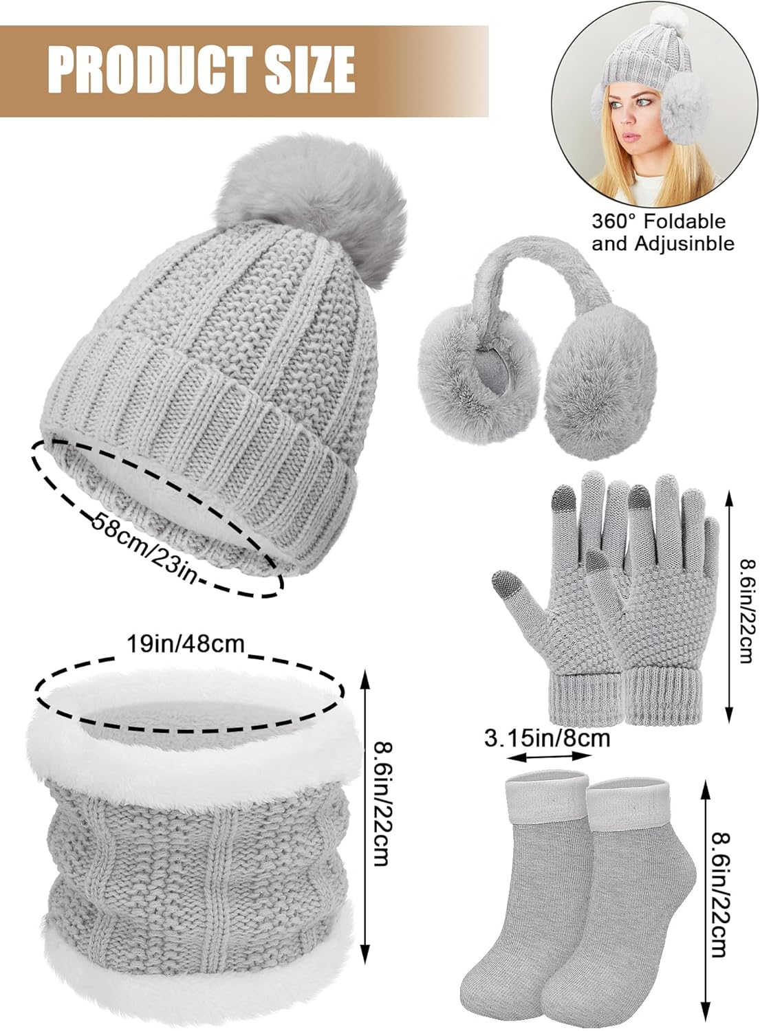 5 Pcs Womens Hat Scarf Gloves Set Winter Fleece Ear Muffs Warm Socks Outdoor Touch Screen Gloves Beanie Skull Cap - Image 5