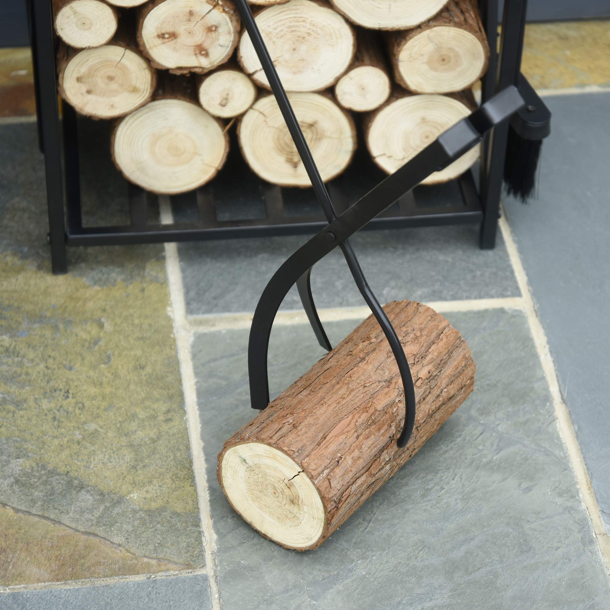 HOMCOM Estante de Leña para Chimenea Soporte para Leña con 4 Herramientas Incluidas Marco de Acero Estable Carga 100 kg para Exterior e Interior 46x30x76 cm Negro
