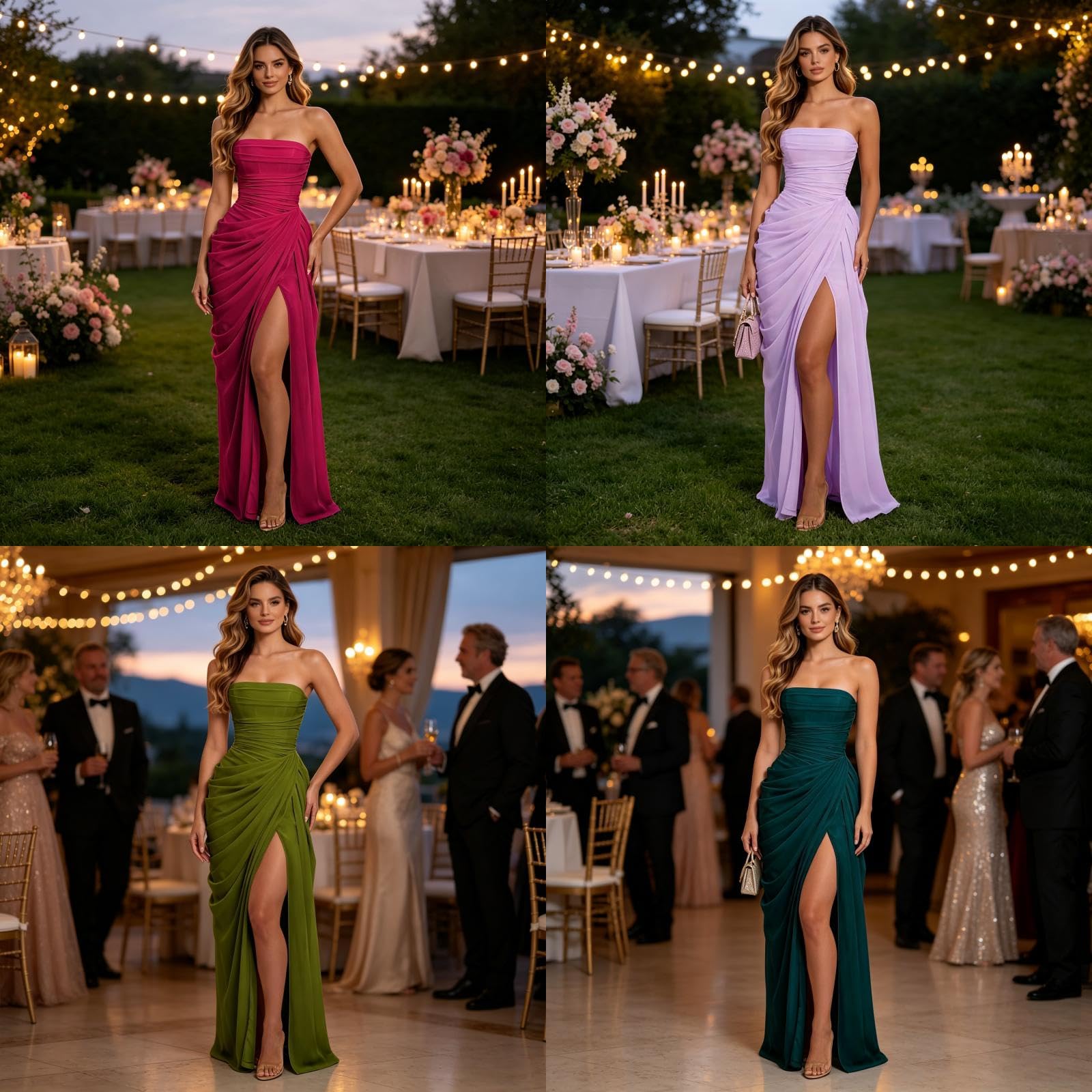 Vestido largo de gasa plisado con corsé sin tirantes para mujer, vestido largo de noche formal con abertura