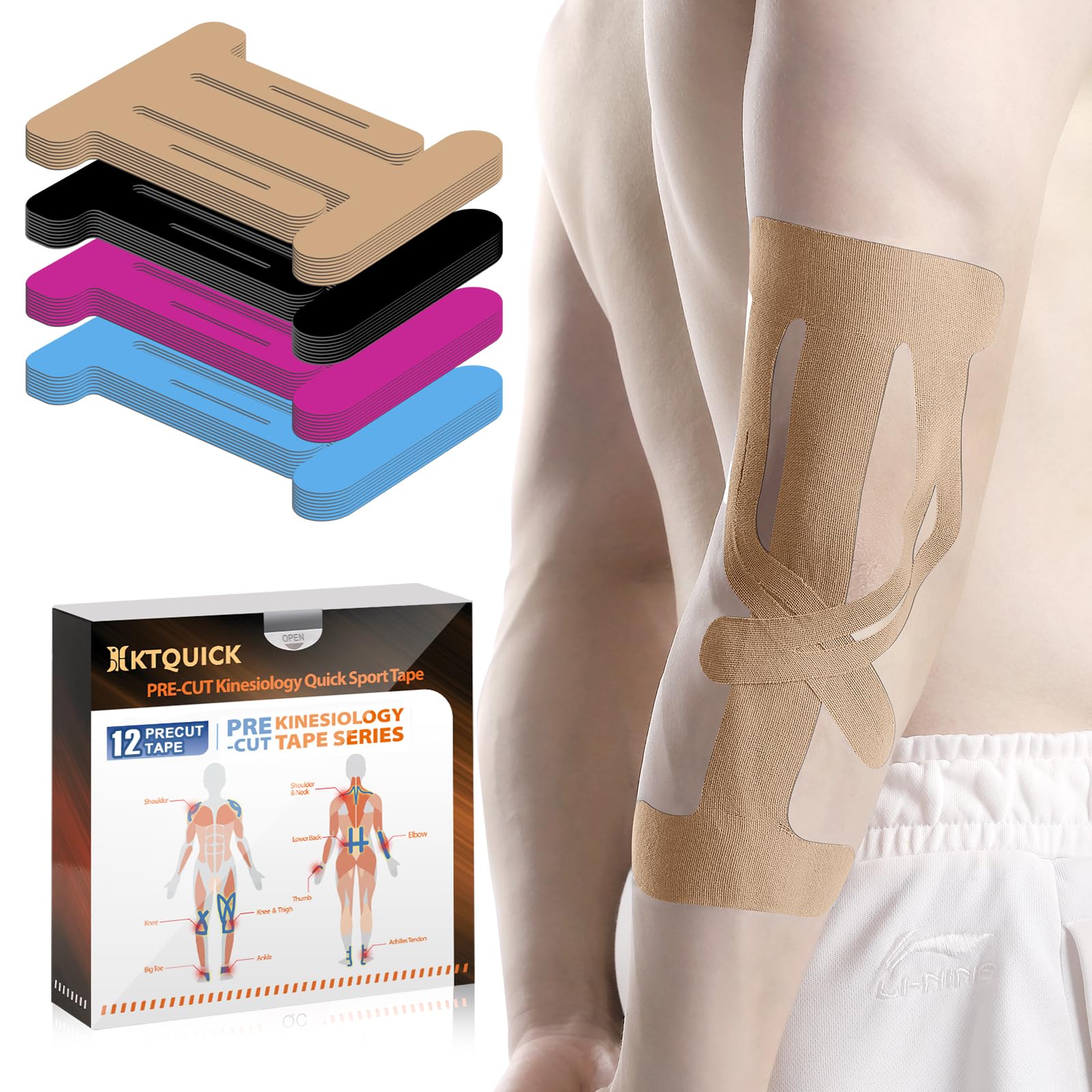 12 Count Kinesiology Tape for Elbow, Pre-Cut Waterproof KTquick Elbow Tape for Elbow Pain Relief Pre Cut, Original Cotton Athletic Tape, Durable Knee