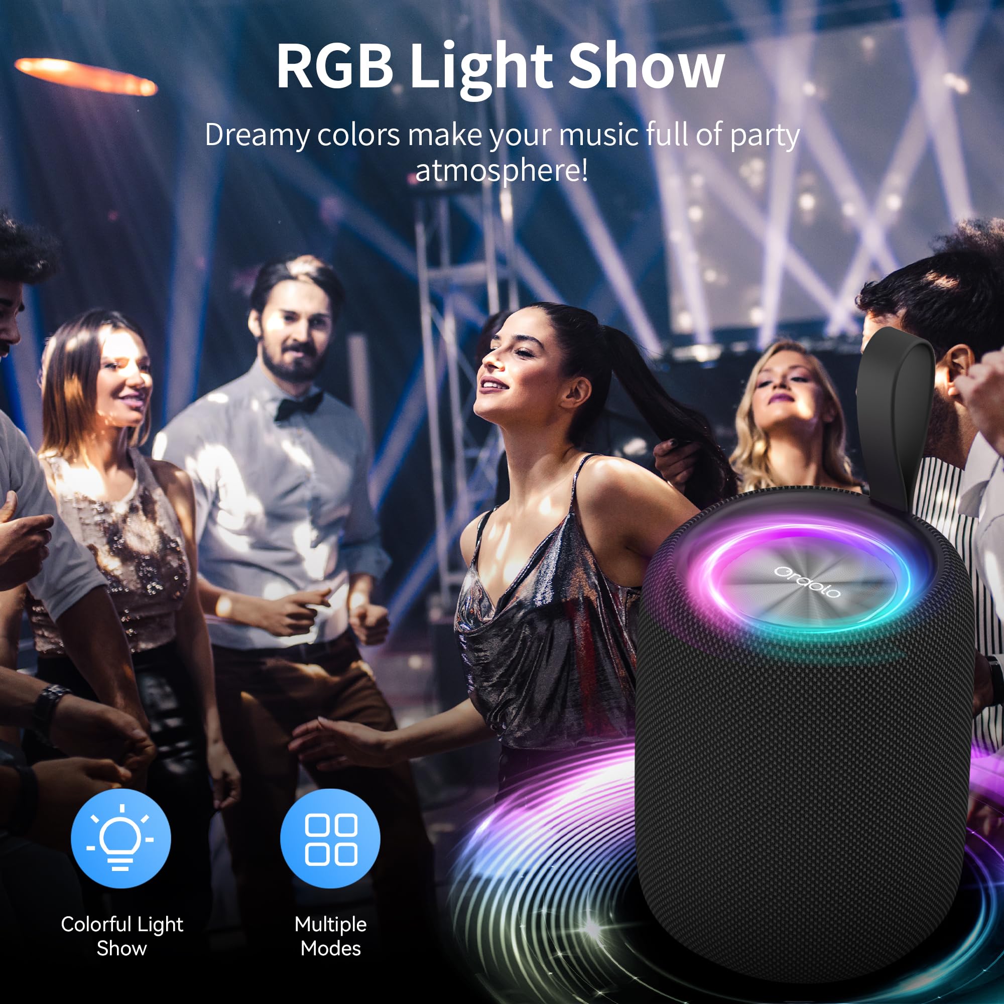 Oraolo Bluetooth Speaker,Portable Bluetooth Speaker with Immersive Sound, Dynamic LED Lights, Bluetooth 5.4, IPX6 Waterproof, 8H Playtime, TWS Pairing for Speakers for Outdoor Camping Home(Black) - 5