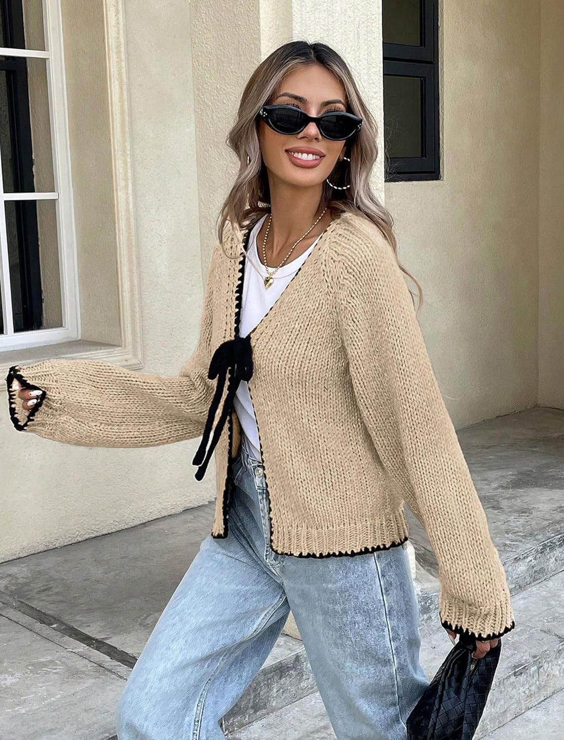 ZAFUL Women's Long Sleeve Cardigan Cute Tie Front V Neck Bow Puff Fall Winter Loose Knit Trendy Cardigan Sweaters 2025 - Image 6