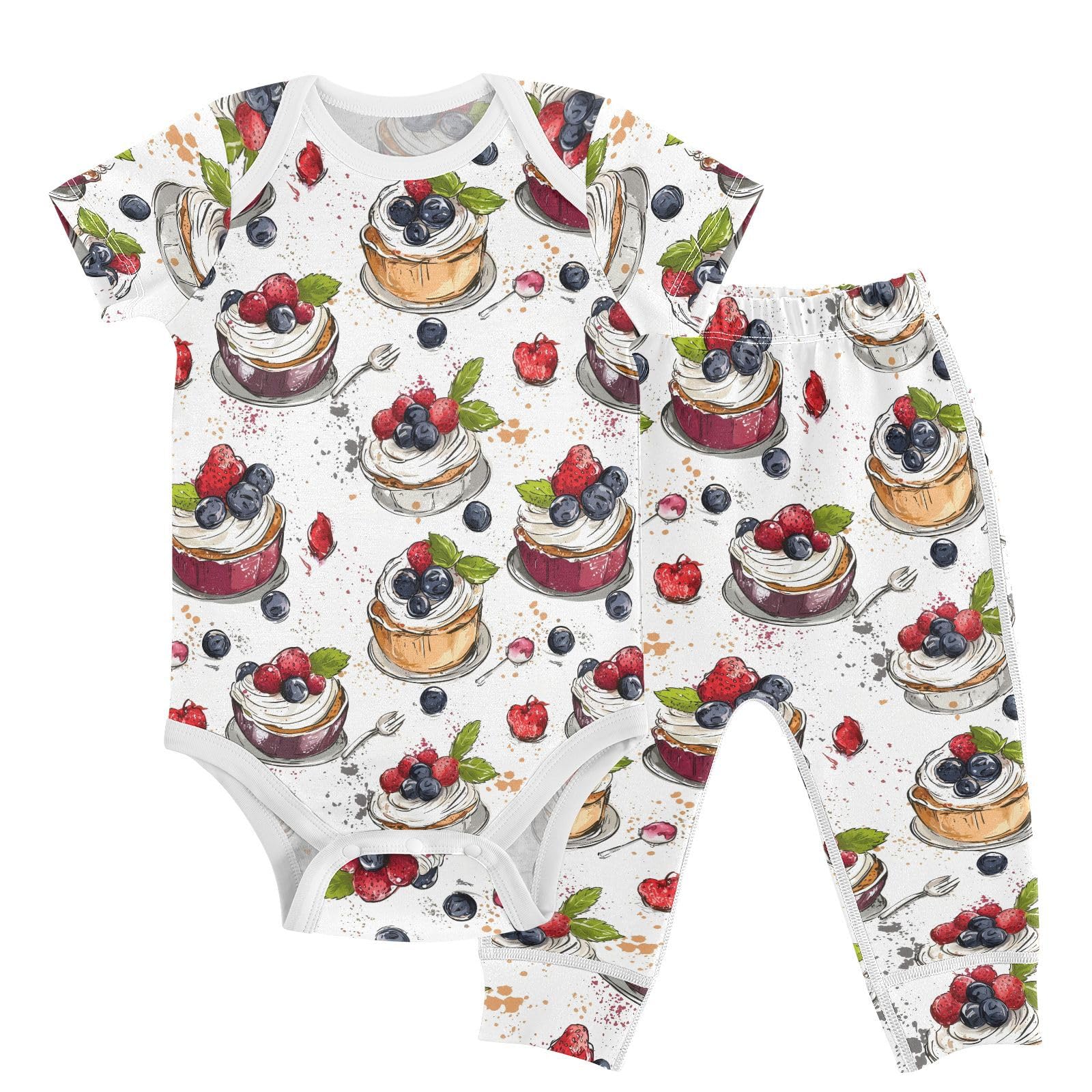 vvfelixl Sketchy Dessert Baby Bodysuits Set,Baby Layette Sets Unisex Short Sleeve Babys Pants Sets 6-9M