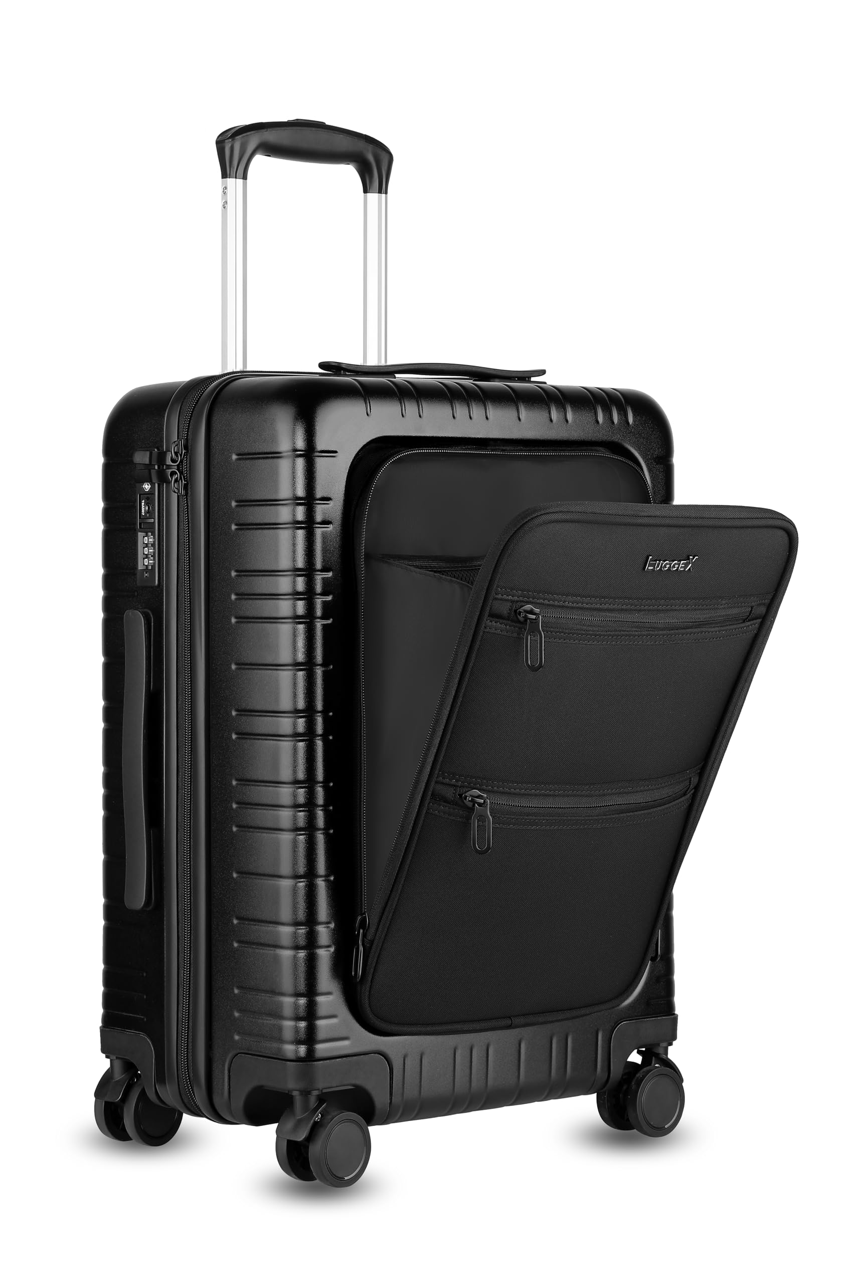 LUGGEX Carry On Luggage with Front Pocket, PC Hard Shell Suitcase with Spinner Wheels, Soft Front Flap with Multiple Pockets (Black, 20 Inch)