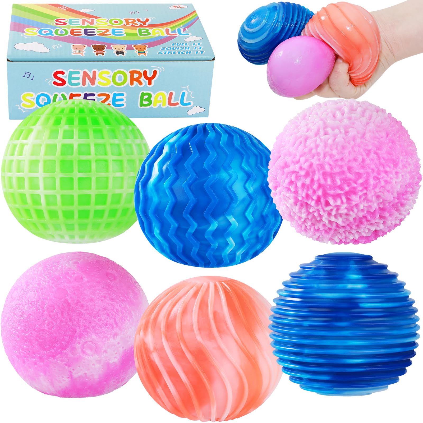 6Pcs Assorted Textured Stress Balls Set - Squishy Fidget Toys for Kids & Adults, Sensory Balls for Anxiety Relief in Office, School & Home