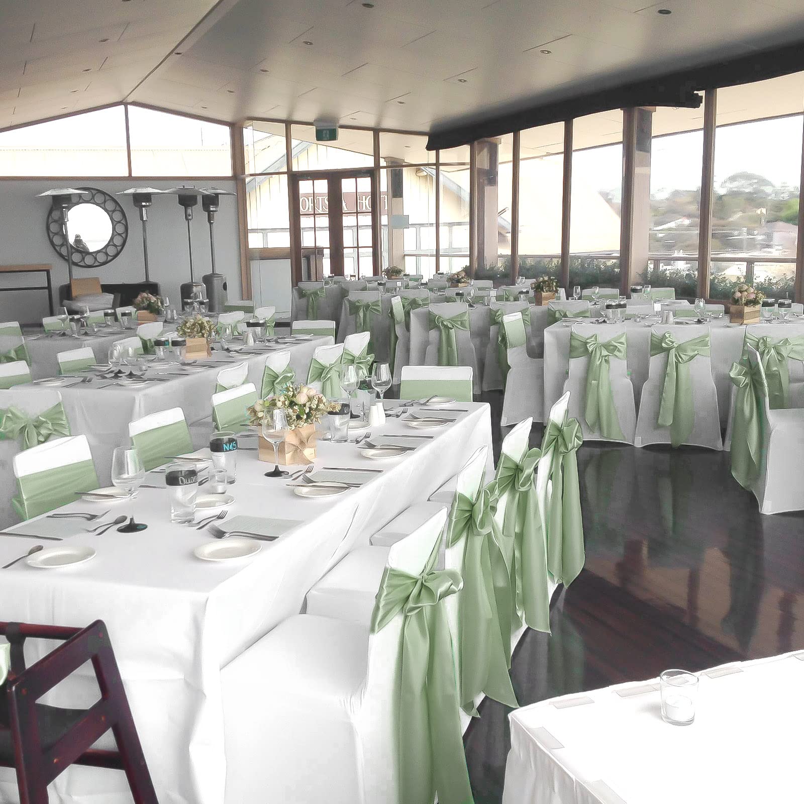 fani 60 PCS Sage Green Satin Chair Sashes Bows Universal Chair Cover for Wedding Reception Restaurant Event Decoration Banquet,Party,Hotel Event Decorations (7 x 108 inch)