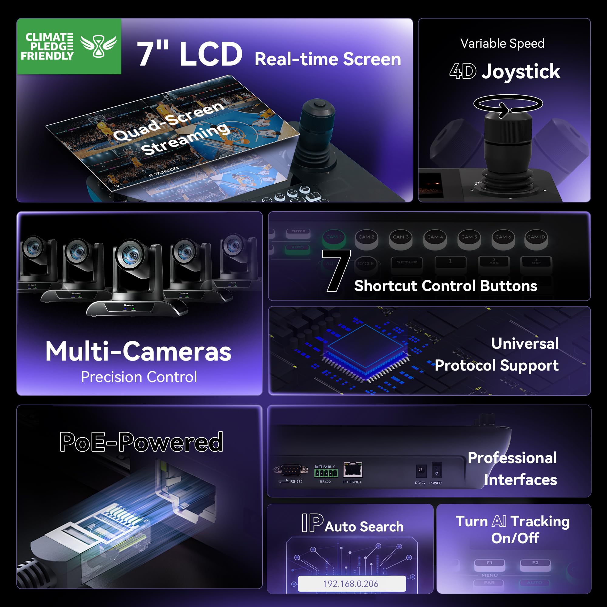 Tenveo Controller per Telecamera PTZ IP NDI con Anteprima a Schermo Quadruplo da 7", Tastiera di Controllo con Joystick 4D per Streaming in Chiesa, Eventi Live, supporta NDI PoE VISCA Pelco-D/P