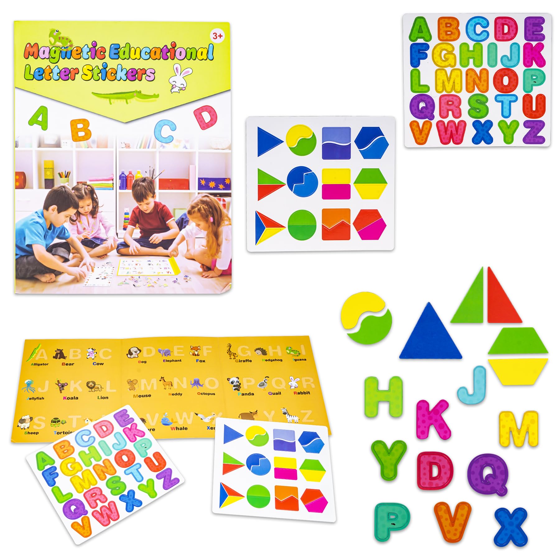 WISHKEY Magnetic Educational Letter Stickers for Kids – ABC Alphabet Magnets with Shape Matching Cards, Preschool Learning & Montessori Educational Toy for Kids Age 3+ Green