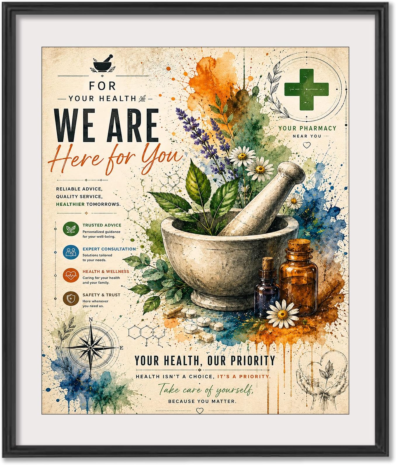 Pharmacy Wall Art, We Are Here for You Pharmacist Poster, Mortar and Pestle Herbal Medicine Print, Health and Wellness Wall Decor, Apothecary Botanical Artwork for Pharmacy Office Clinic Waiting Room, 8x10 Unframed Print