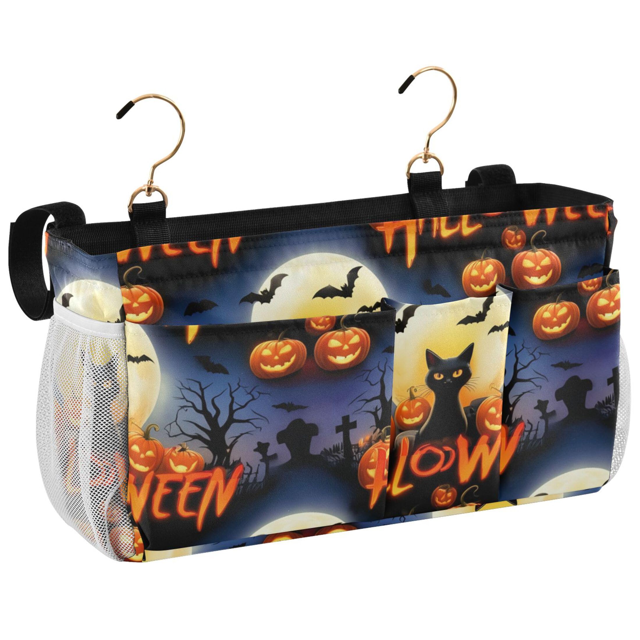 Burbuja Spooky Halloween Scene Bedside Caddy Hanging Storage Organizer with 2 Straps and Hooks for Home College Dorm Bunk Bed Hospital Bed Crib