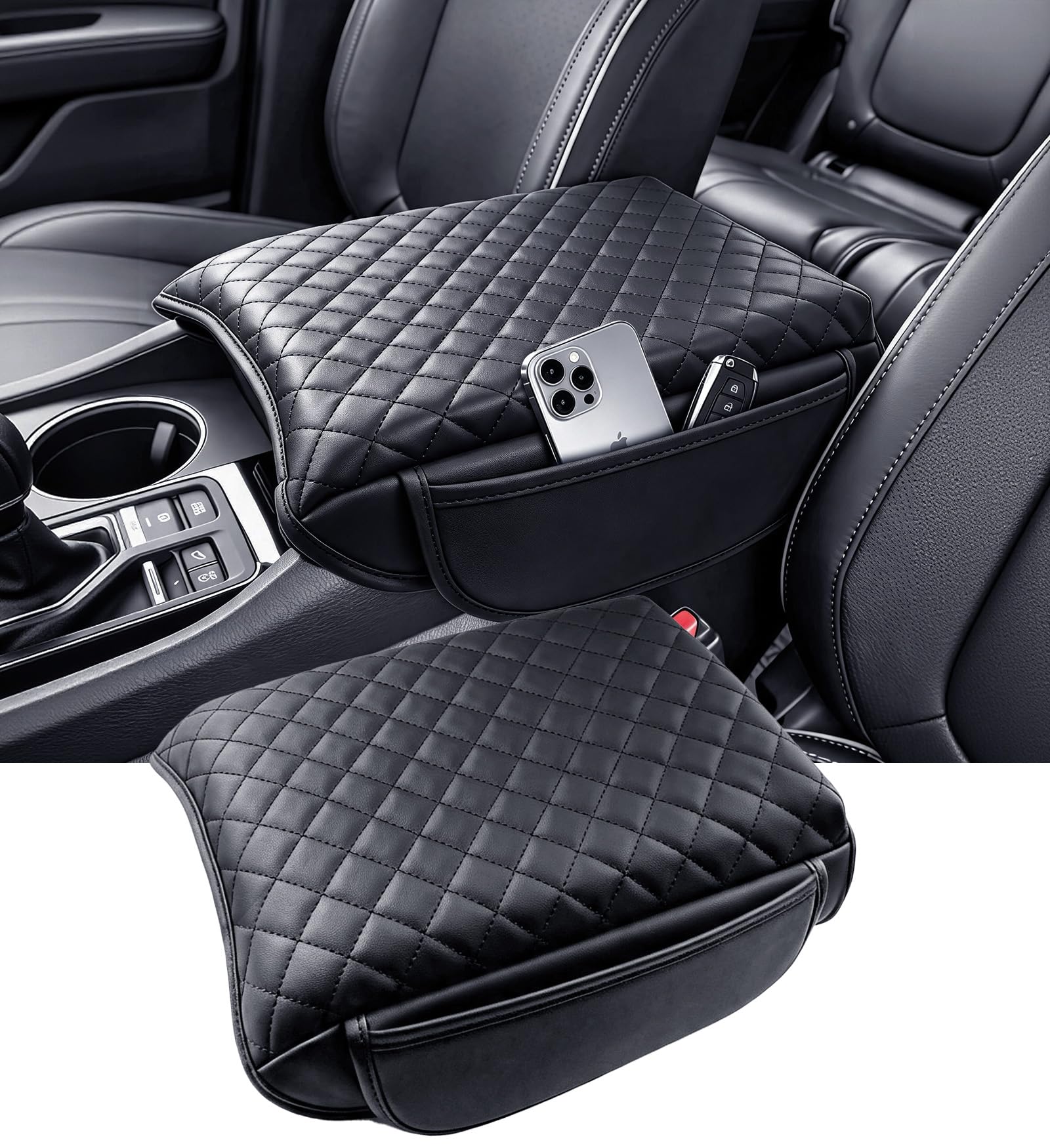 Center Console Cover for Honda Pilot 2023-2026 &amp; Passport/Ridgeline 2024-2026, 1.2-Inch Thick PU Leather Middle Armrest Cushion Protector Pad with 2 Side Pockets, Black
