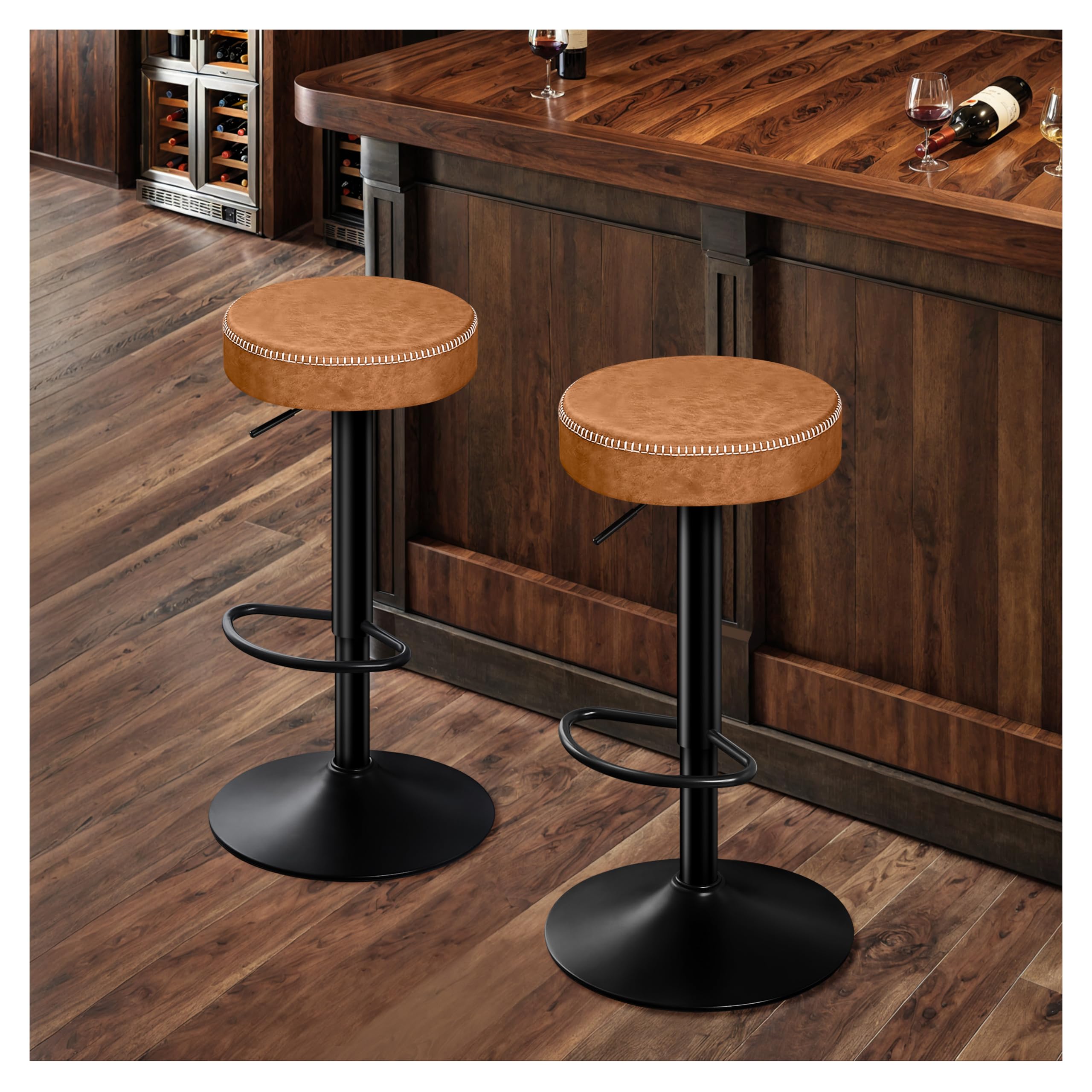 Juego de 2 Taburetes de Bar, Taburete Cocina Requlable en Altura Taburete Alto Cuero de Microfibra, Taburete de Bar con Reposapiés, Taburetes Cocina 150kg para Comedor, Mostrador-Marrón
