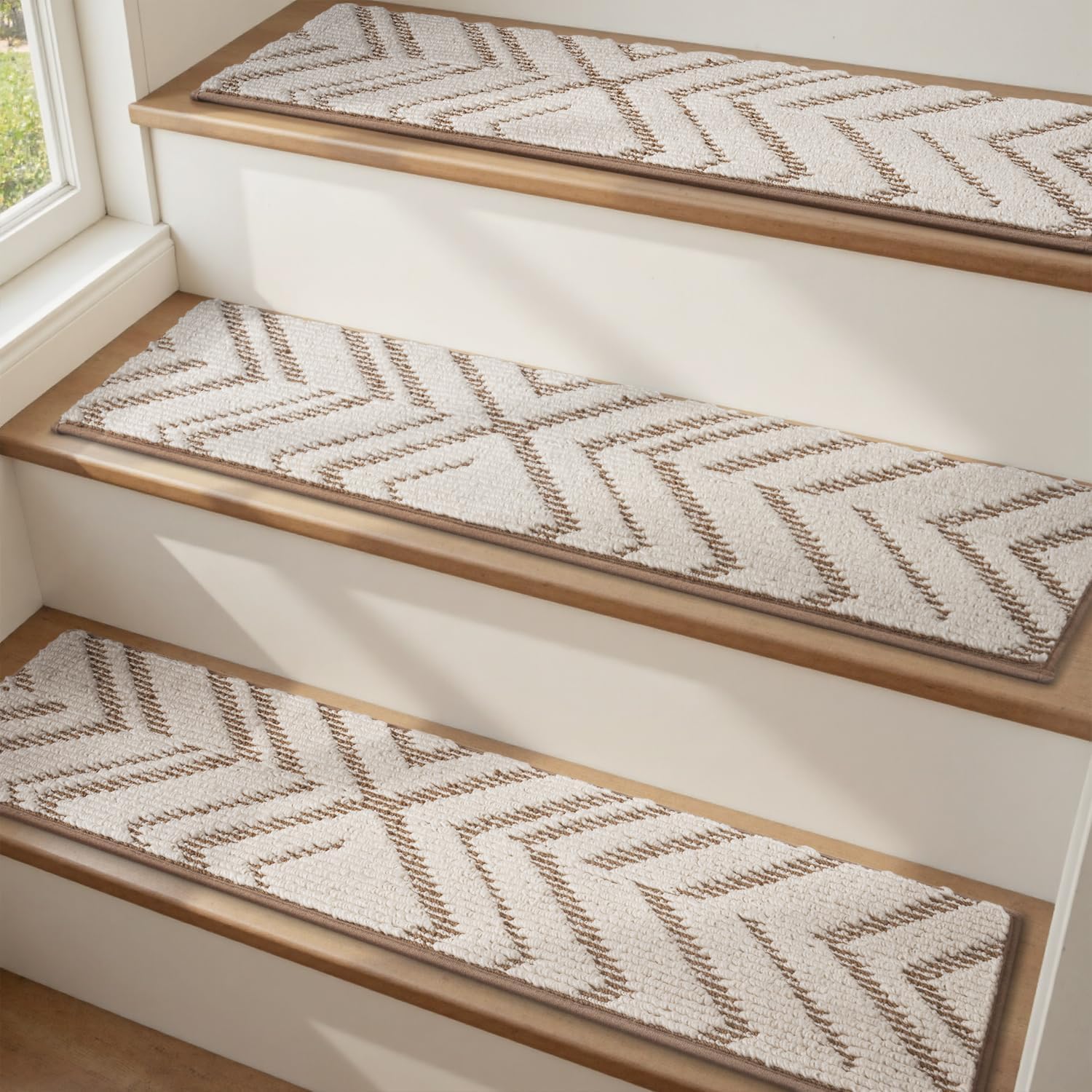 PADOOR Stair Treads Non Slip 15 PCS, 3D Peel and Stick Stair Treads for Wooden Steps Indoor, Residue-Free Adhesive Stair Runner for Kids, Elders & Pets, Washable Carpet for Stairs,8"x30",Brown