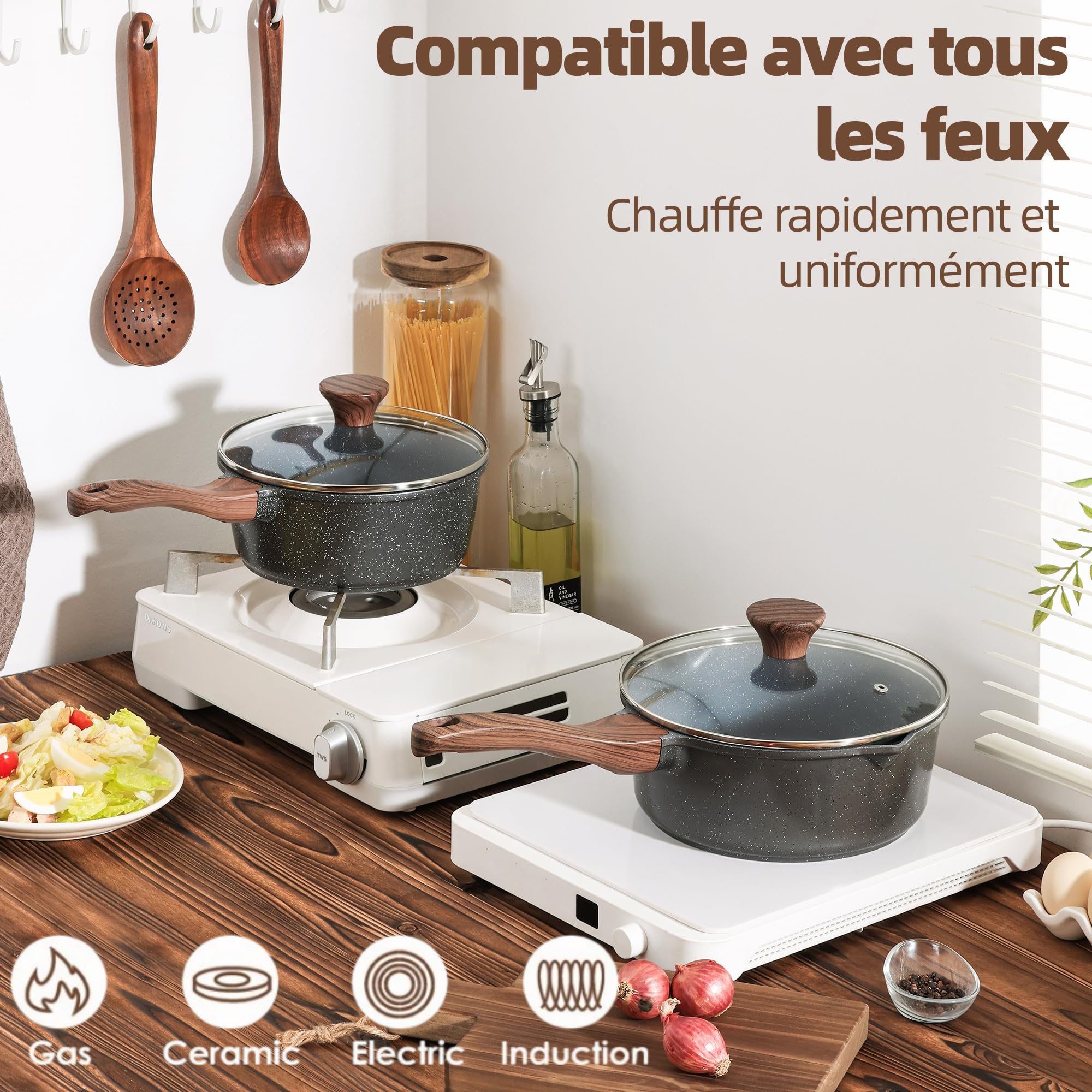 SENSARTE Casserole Induction 22 cm 3L Antiadhésive, Revêtement Granit, Couvercle Verre, 2 Becs Verseurs, Poignée Ergonomique, Compatible Tous Feux et Lave-Vaisselle