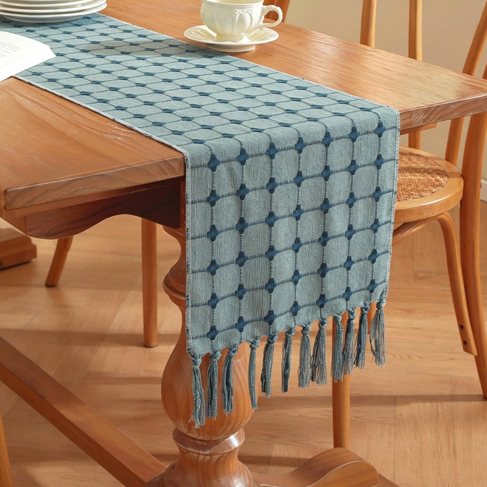Cotton-Linen Blend Grid Plaid Table Runner With Hand-Torn Tassels,Fresh Home Decor Table Runner, for Dining, Coffee, Sideboards & Storage Cabinets(Dark Blue,160cm/62.9in)