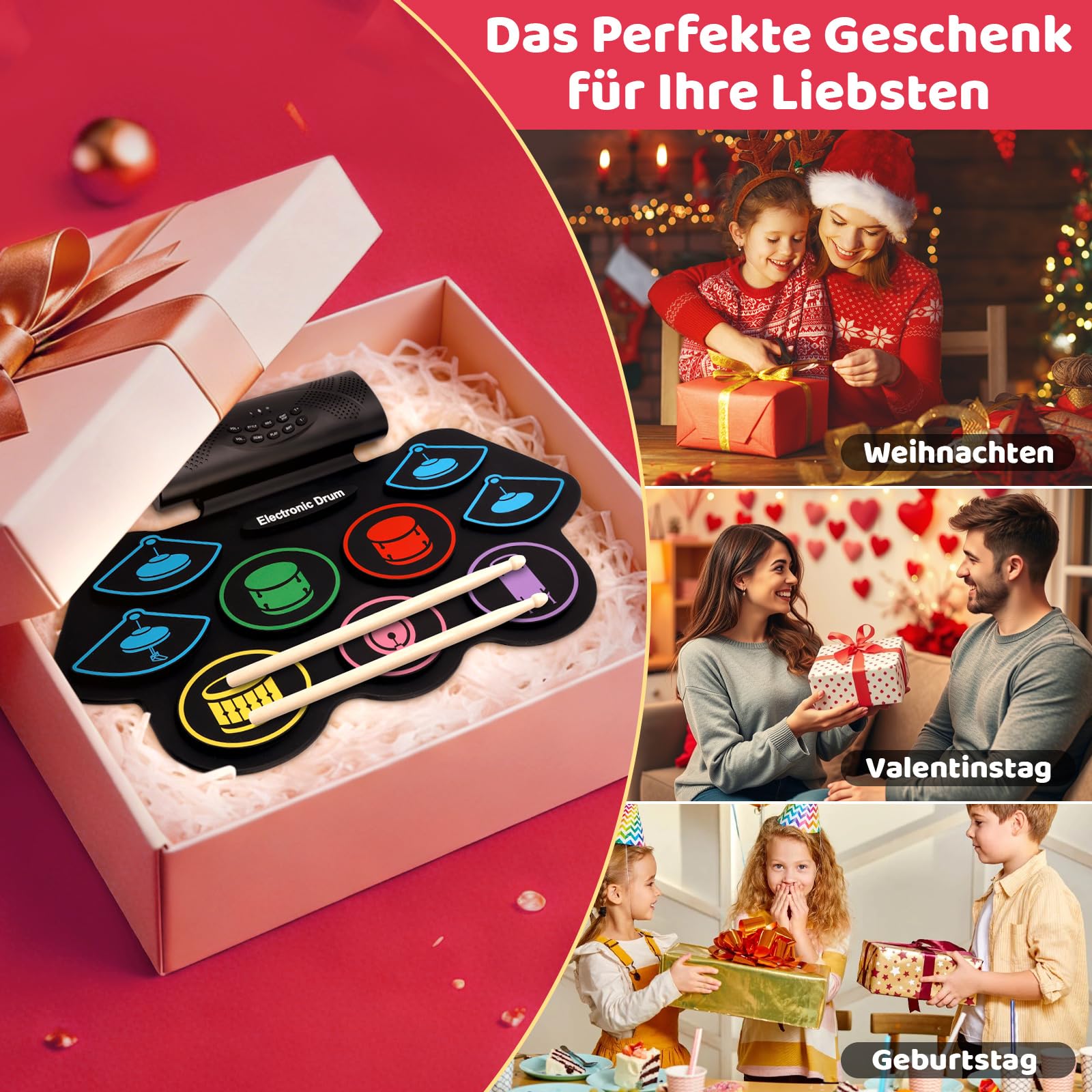 Topteng 9-Pad Schlagzeug Elektronisch, Handroll E-Drum Set mit Stereo-Lautsprechern & Fußpedalen, Tragbares Silikon Drum Pad Kit mit Kopfhöreranschluss, Musikinstrument Geschenk für Kinder & Anfänger