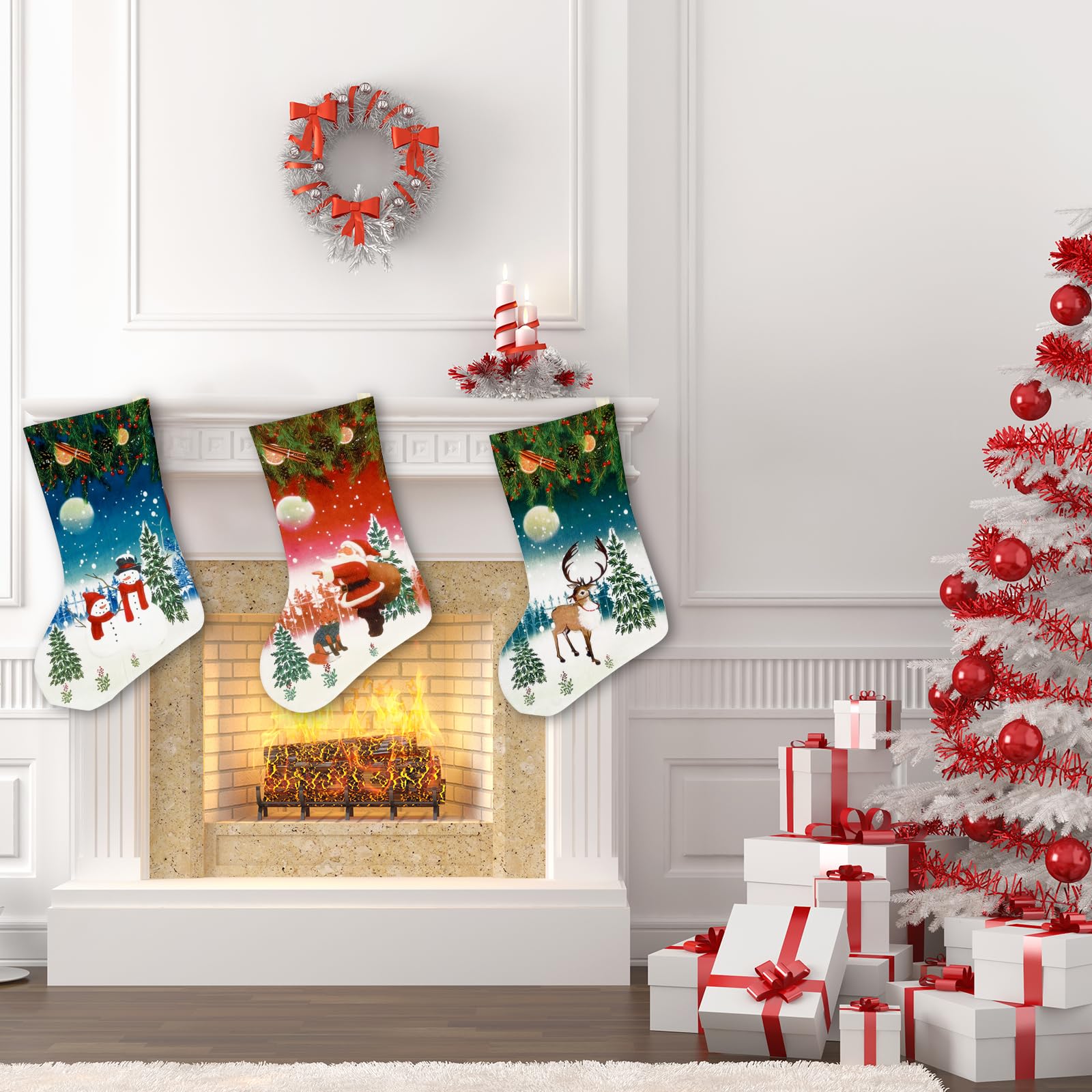 Calcetines Navideños Largos Con Papá Noel Y Muñeco De Nieve - 57 Cm, Pack De 2, Para Chimenea Y Decoración