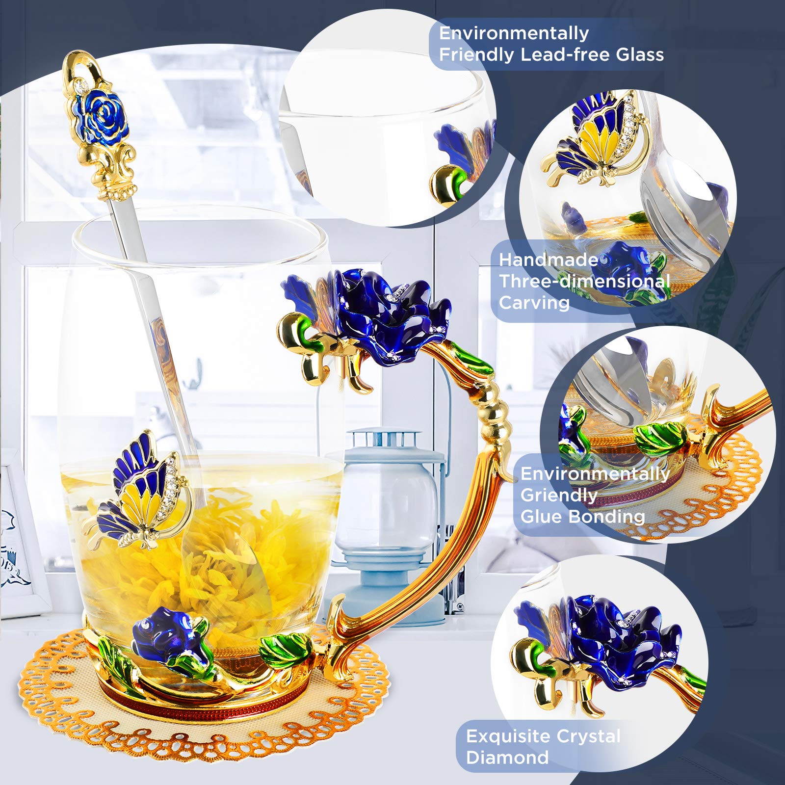 WD&CD Rose Butterfly Glass Tea Coffee Cups Mugs with Spoon and Coaster, Gifts for Her Girlfriend Wife Mum Women on Valentine's Day Mother's Day Christmas, Blue Tall