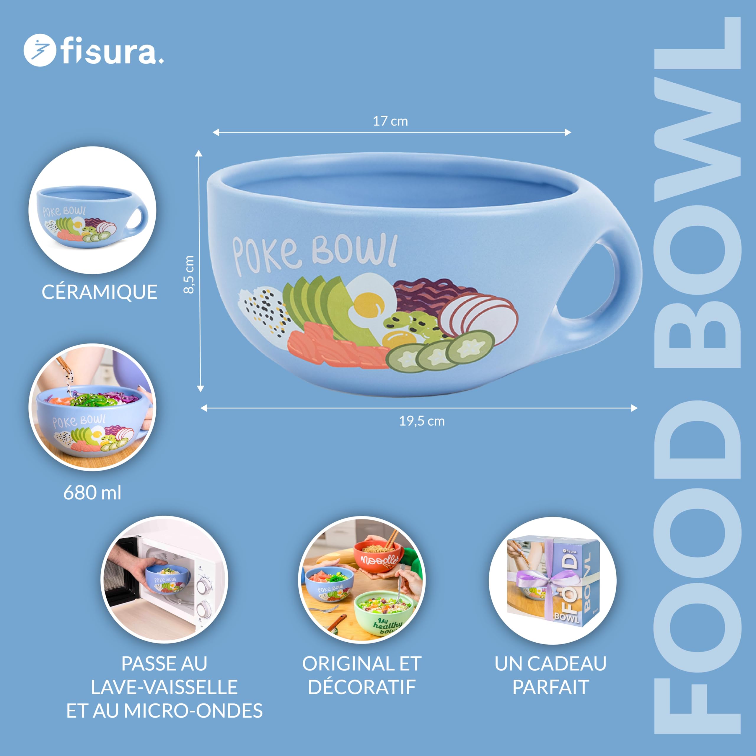 Fisura – Bol original "Poke". Grand bol céramique 680 ml. Tasse poke design pour salade, soupe de nouilles, Pho, Udon et Soba. 19,5 centimètres x 8,5 centimètres