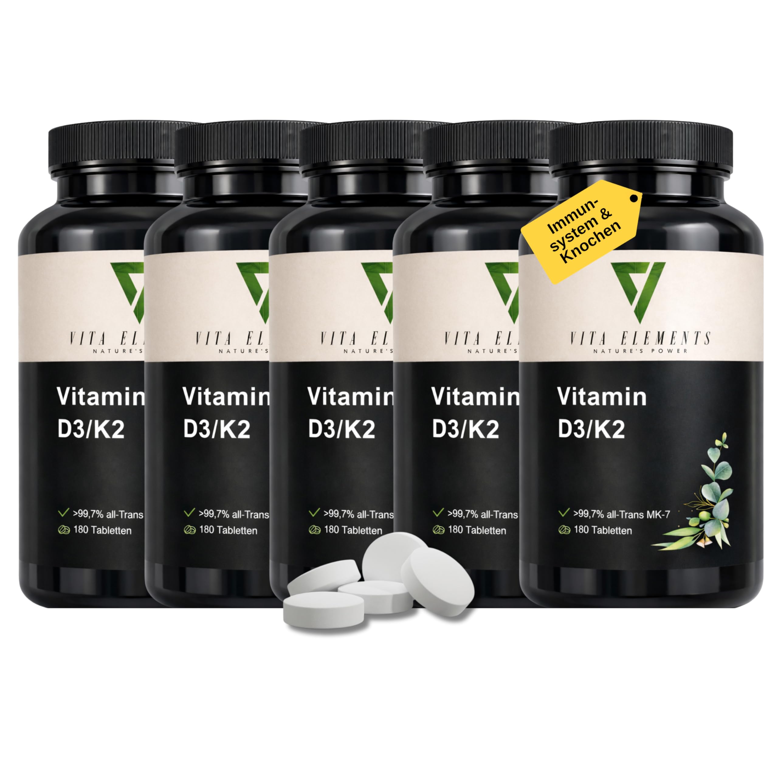Vita Elements Vitamina D3 + K2 Depot - MK7 All-Trans - 180 Comprimidos - Suministro a Largo Plazo - Probado en Laboratorio - Sin Aditivos - Vegano (5)