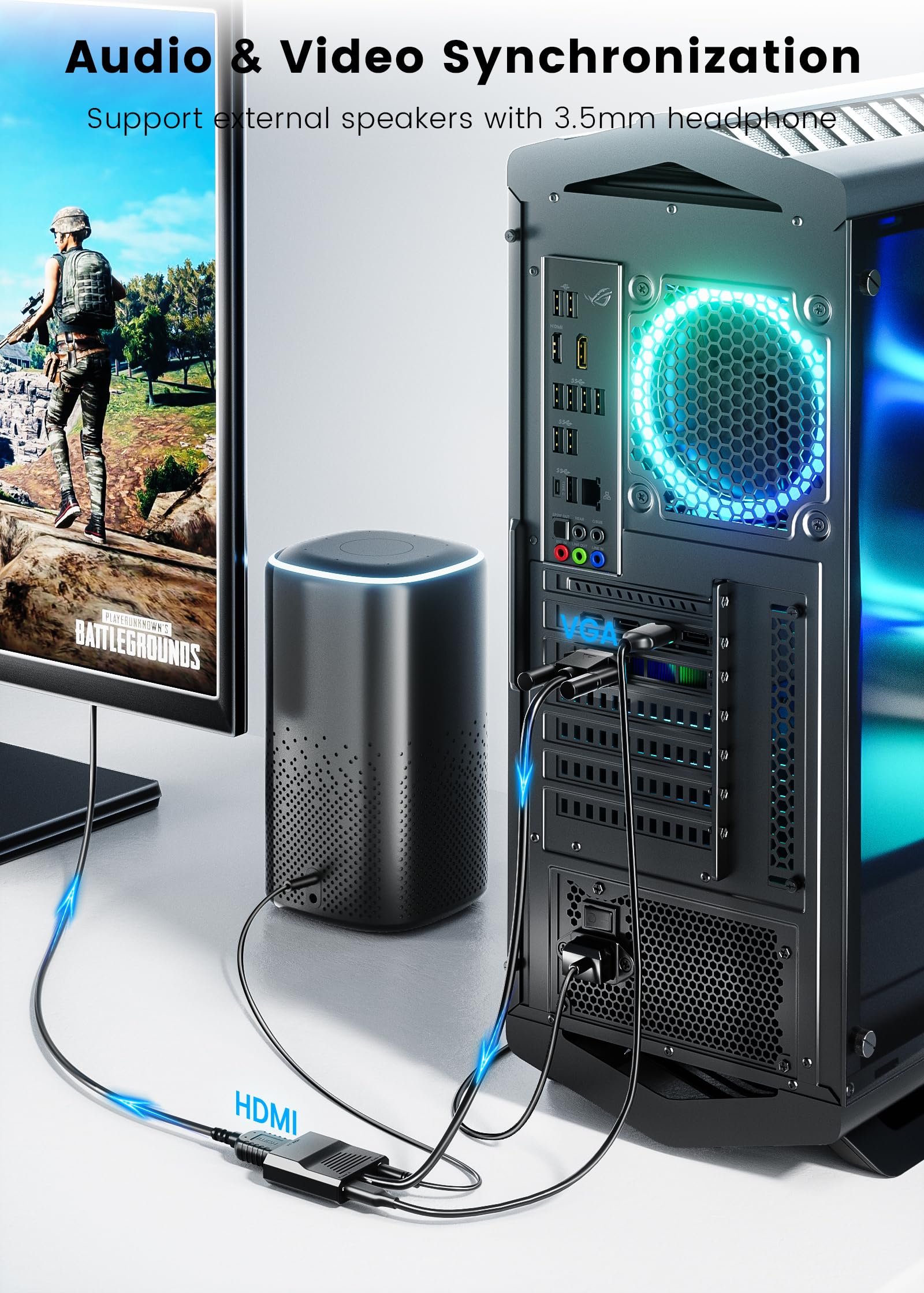 FOINNEX Adattatore da VGA maschio a HDMI femmina, 1080P con audio vecchio PC a TV/monitor, per computer, desktop, laptop,