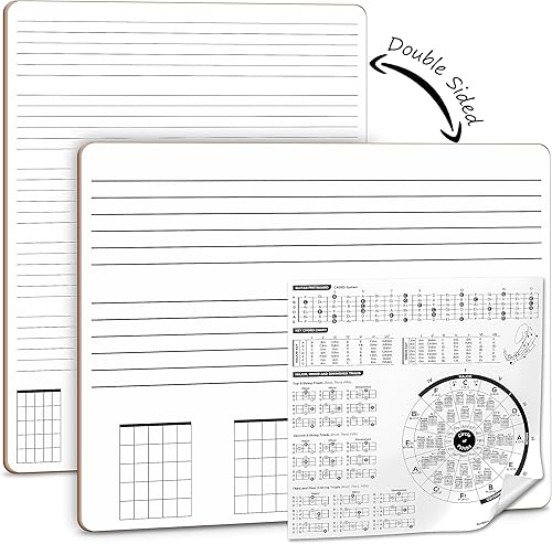 SCRIBBLEDO Pizarra blanca de borrado en seco para práctica de guitarra, 11 x 14 pulgadas, duradera, portátil, de doble cara, cuerdas y cuellos de