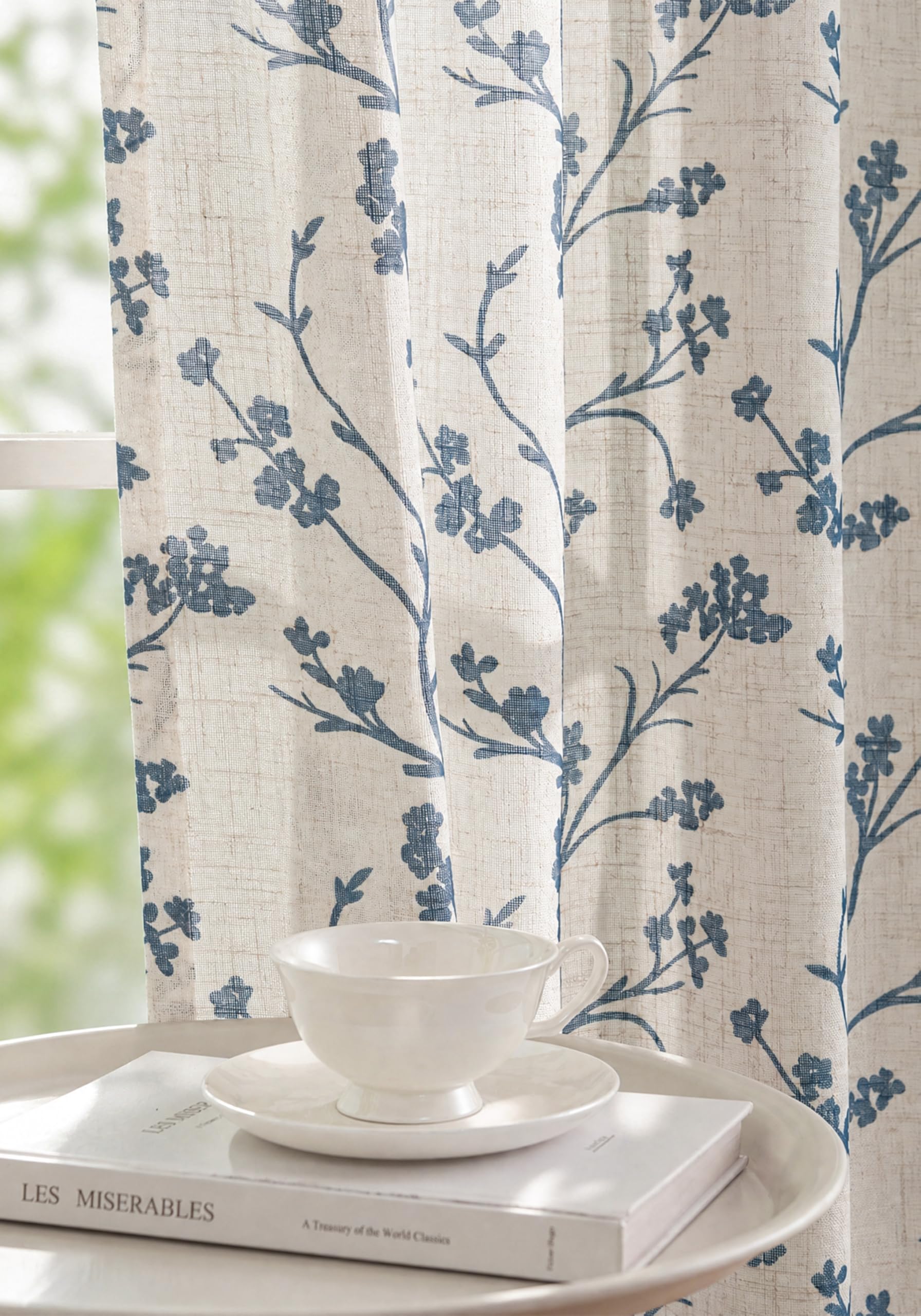 Floral Linen Shree Printed Curtains 120 Inches Light Filtering Vintage Farmhouse, Back Tab Rod Pocket Cottage Core Drapes for Living Room Bedroom Dining Room, Navy Blue on Beige, 2 Panels Willow-navy Blue 52"W x 120"L (Pack of 2)