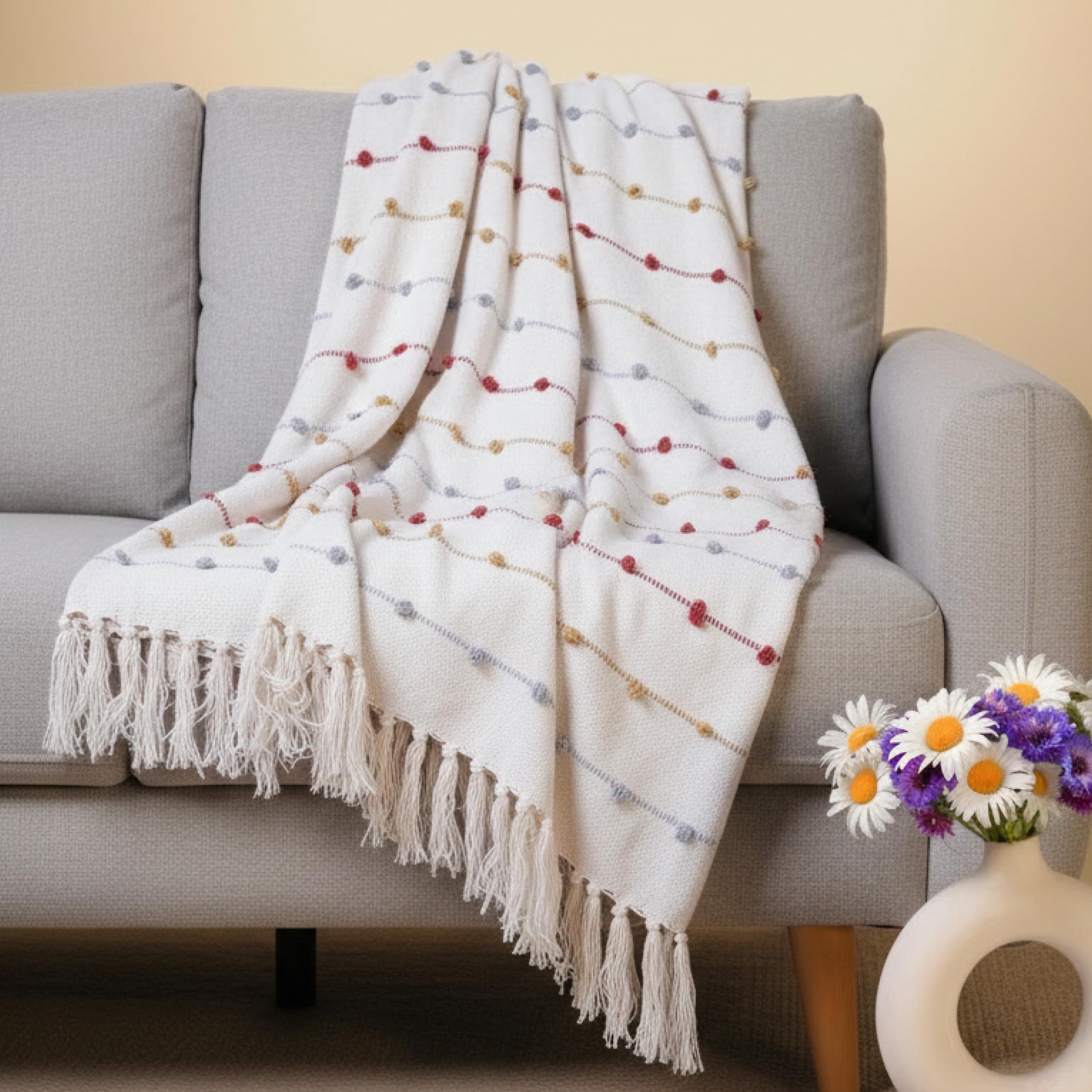 Soft Hand-Knitted Cotton Throw Blanket | All Season Throw for Sofa, Bed, Couch, Chair & Travel - Ideal for Gifting | 80x52 Inches/204x132 Cm | Beige Multi with Tassels | Pack of 1