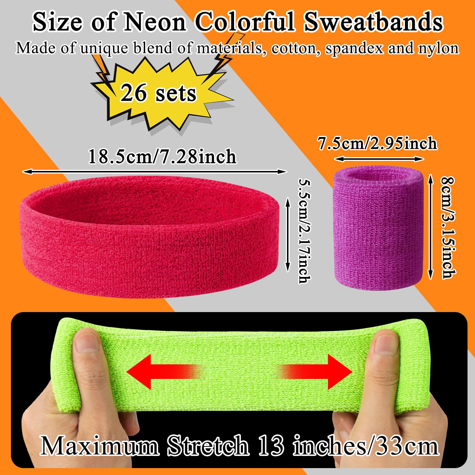 ONLYFU Neonschweißbänder, buntes Sport-Stirnband-Set für Damen und Herren, atmungsaktives Frottee, athletische Schweißbänder für Basketball, Tennis, Laufen, Yoga, 78 Stück, mehrfarbig
