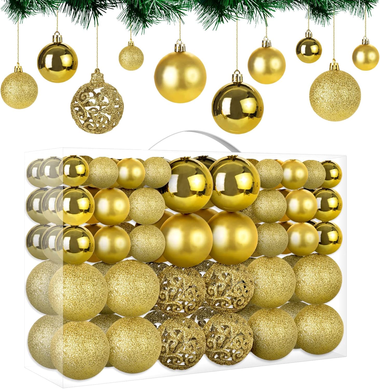 MTSCE Bolas de Navidad Doradas, 100 Piezas en 10 Tipos, Decoración Árbol Navideño en Plástico Irrompible, Reutilizable
