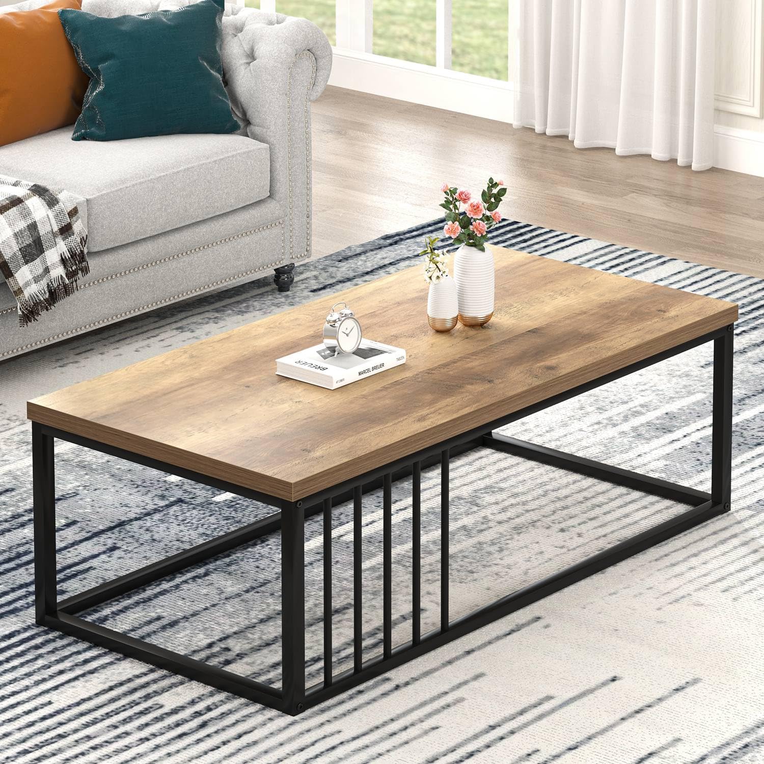 FOLUBAN Modern Coffee Table Minimalist Wood and Metal Center Table for Living Room Rustic Oak 43 3 Inch
