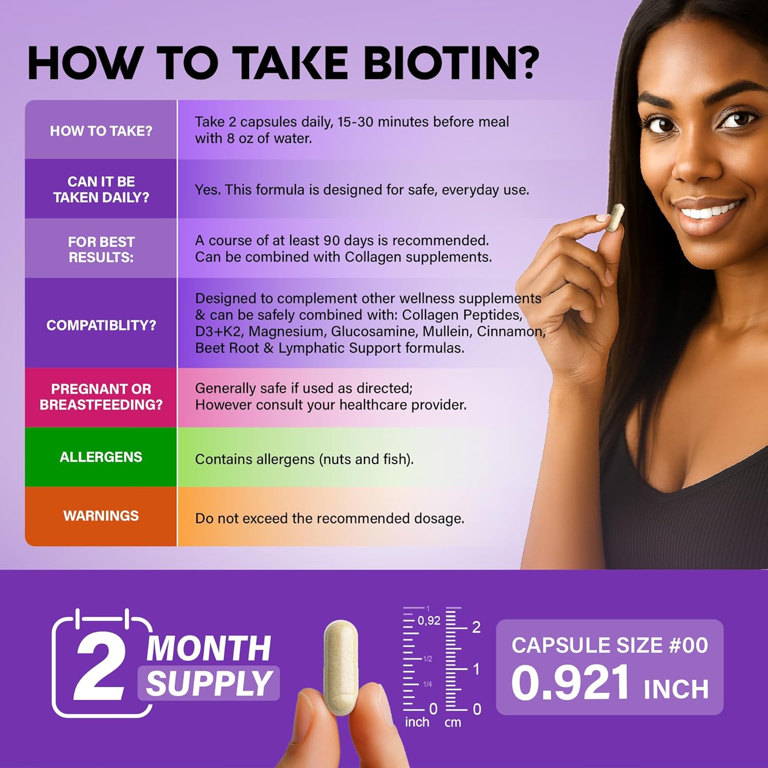 Biotin | Collagen | Hyaluronic Acid | Keratin - Clinically Tested Supplement - Hair Growth Support, Skin & Nails - 25000 mcg Vitamins B2, B3, B6 & B7 + B1 - Made in USA - Women & Men | 120 Capsules