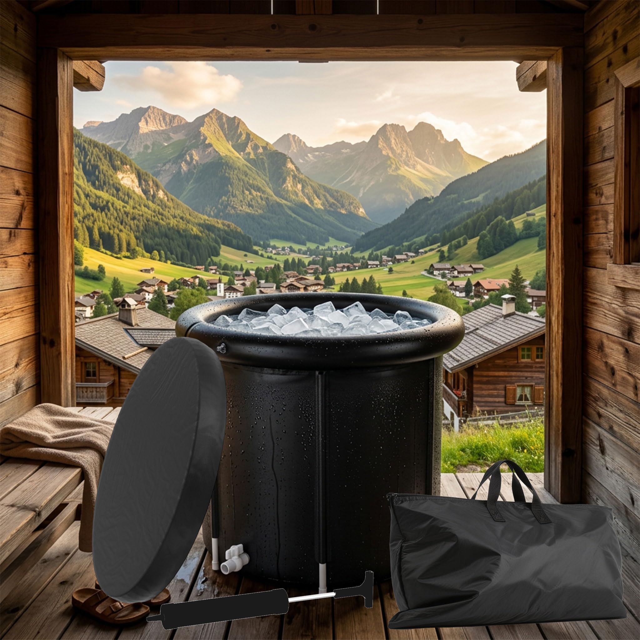 UISEBRT Boccetta per il bagno di ghiaccio con copertura, Ø 90 cm, per atleti, atleti, autoportante, 397 l, portatile, vasca da bagno mobile per casa e all'aperto