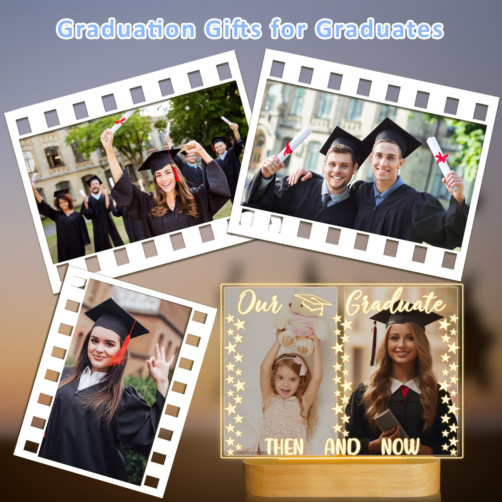 Attivolife Then and Now Graduation Frames 2024, Graduate Gift Photo Frame LED Night Light, Best Bedroom Table Decor Commencement College Gift for Son Daughter Friend