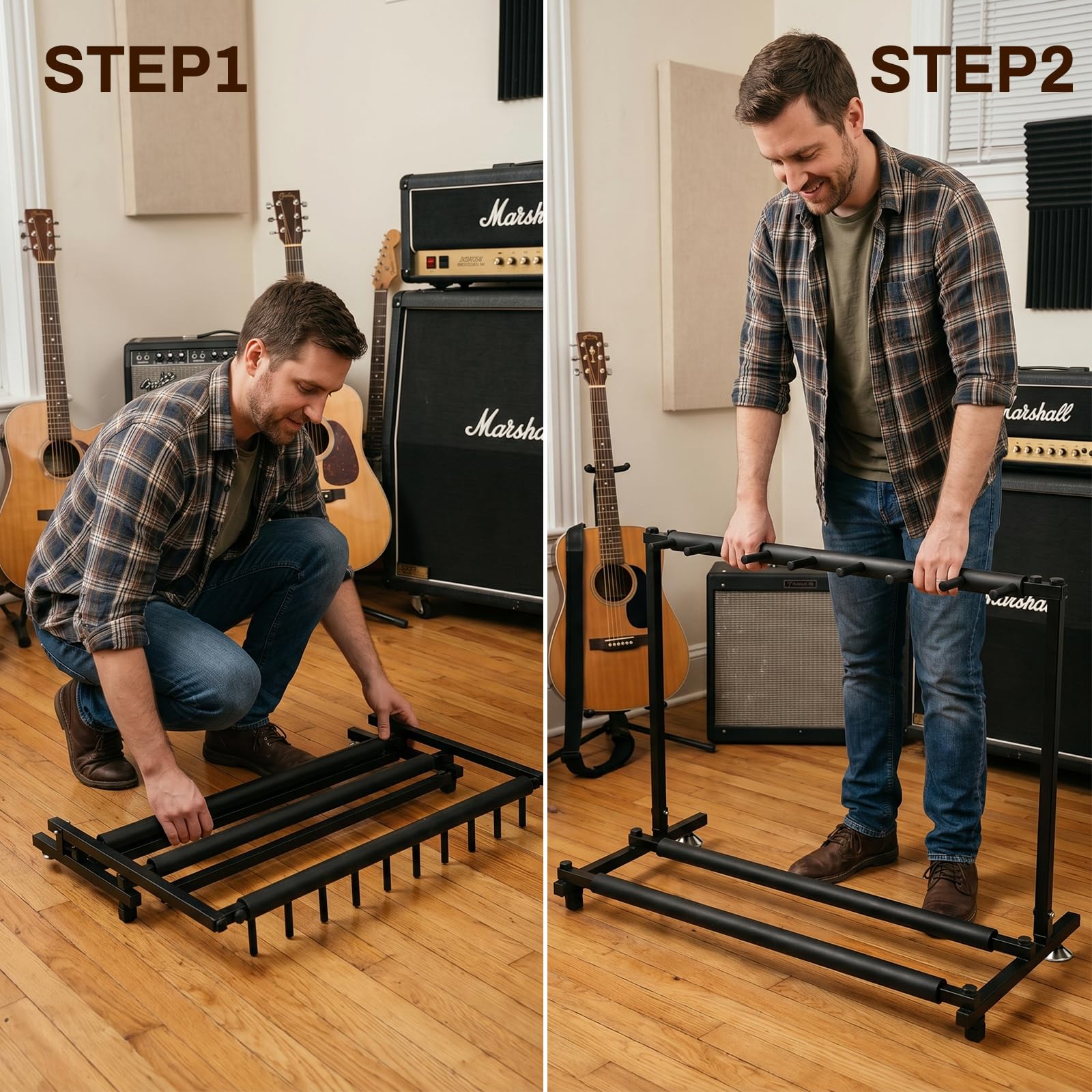 AODSK Soporte para guitarra múltiple con diseño plegable, soporte negro portátil para múltiples guitarras y bajos, estudio y exhibición en el hogar