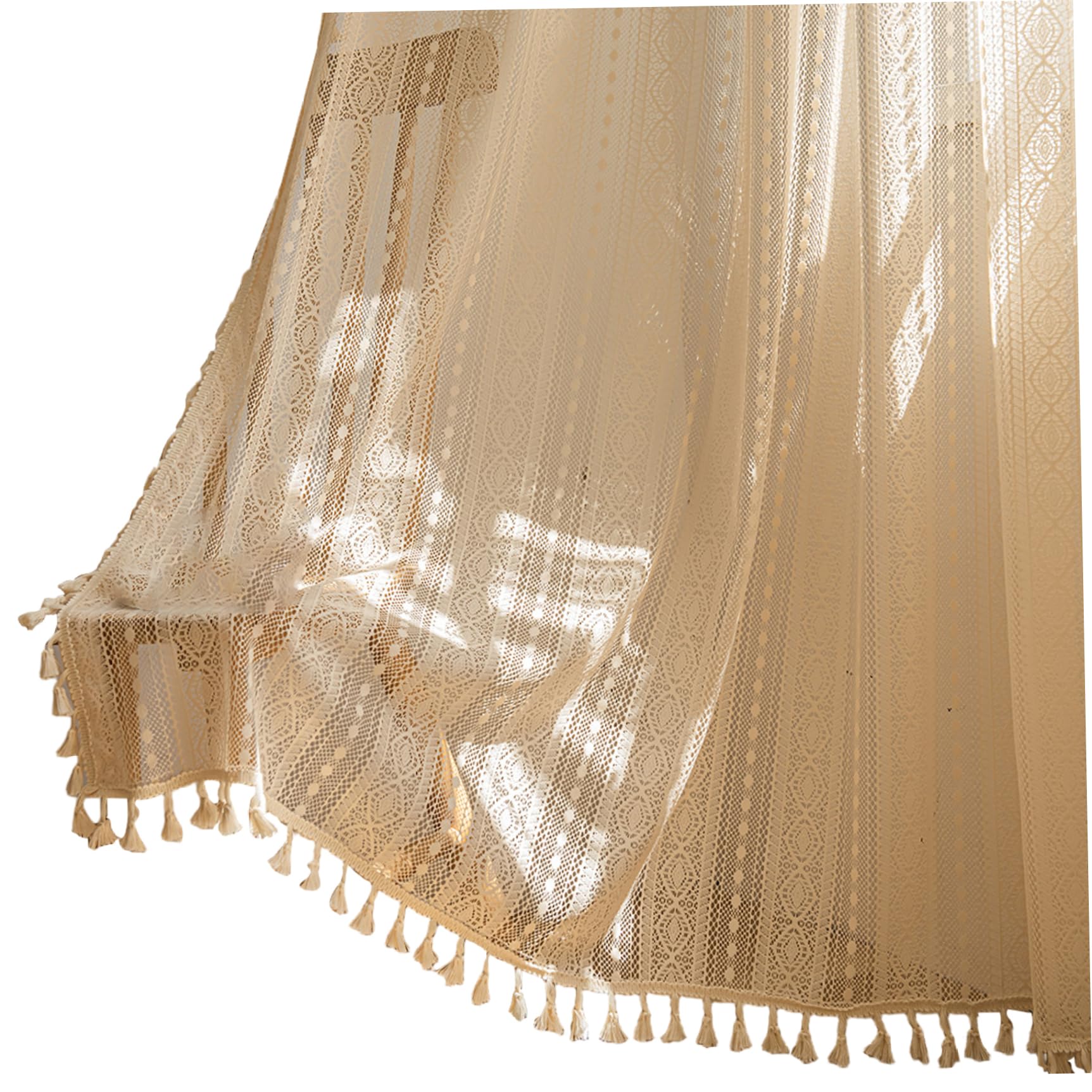 Awnsimfreien Beige Sheer Boho Curtains, 2 Panels Boho Curtains 58X84 Inch Rod Pocket Semi Sheer Crochet Lace With Tassel For Bedroom Living Room, Crochet