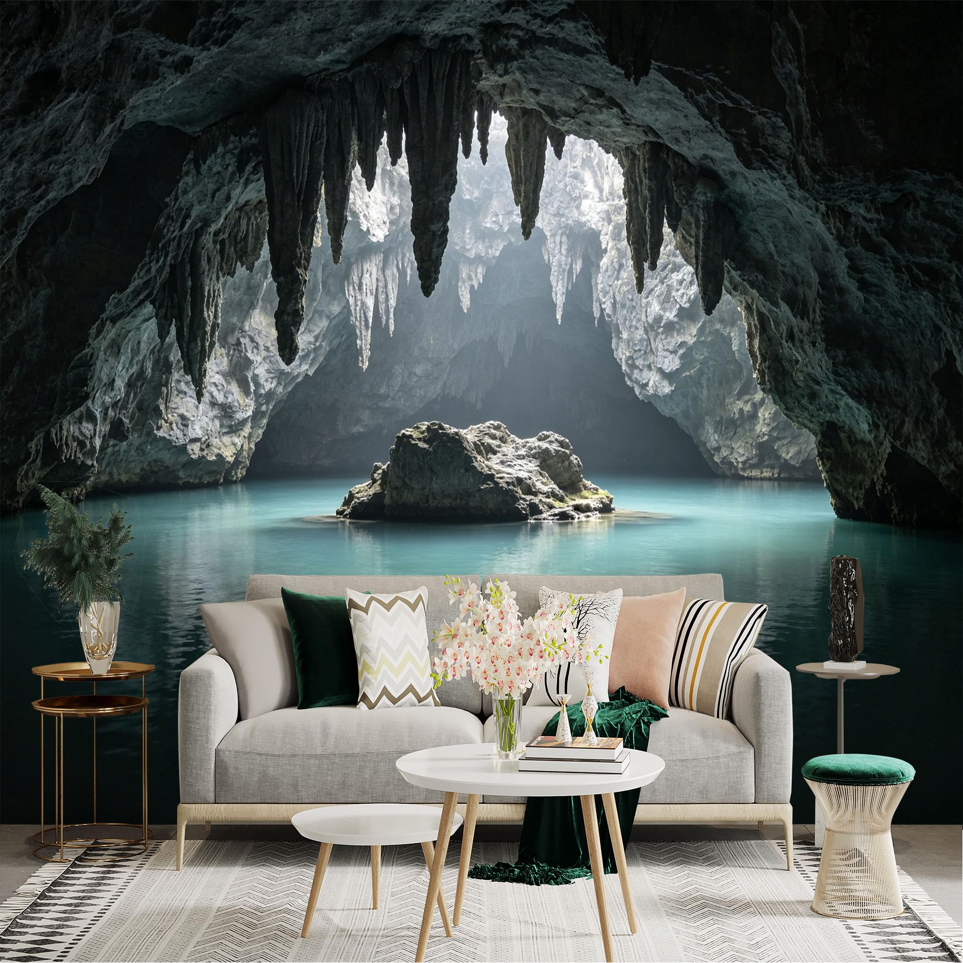 Lnzczhyre Dbh260521213 Custom Size Wall Sticker Mural， Natural Underground Cave， Stalactites Above Turquoise Water， Serene Subterranean Landscape， For Wall Decoration， Peelandstick Wall Decals.