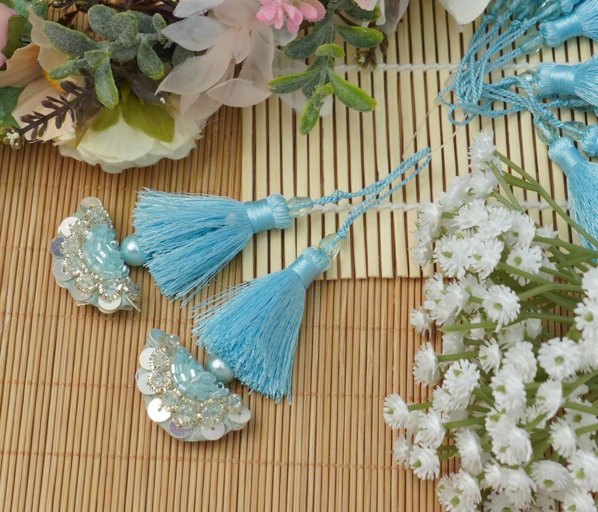 Feathers Creation Ltd Sew on Tassels garland for Curtain Edge Blouse Latkan Wedding Dress Tassel Sold per Pair 3.5 Inch Long (Blue)
