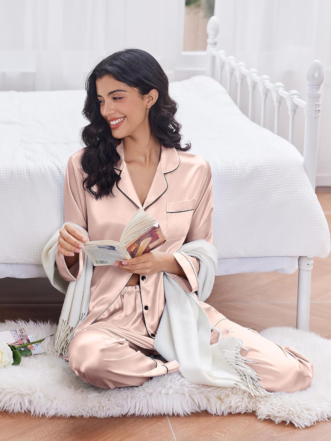 Ekouaer 2 Pack Satin Pajamas Set for Women Classic Button Down Silk Pjs Set Soft Sleepwear