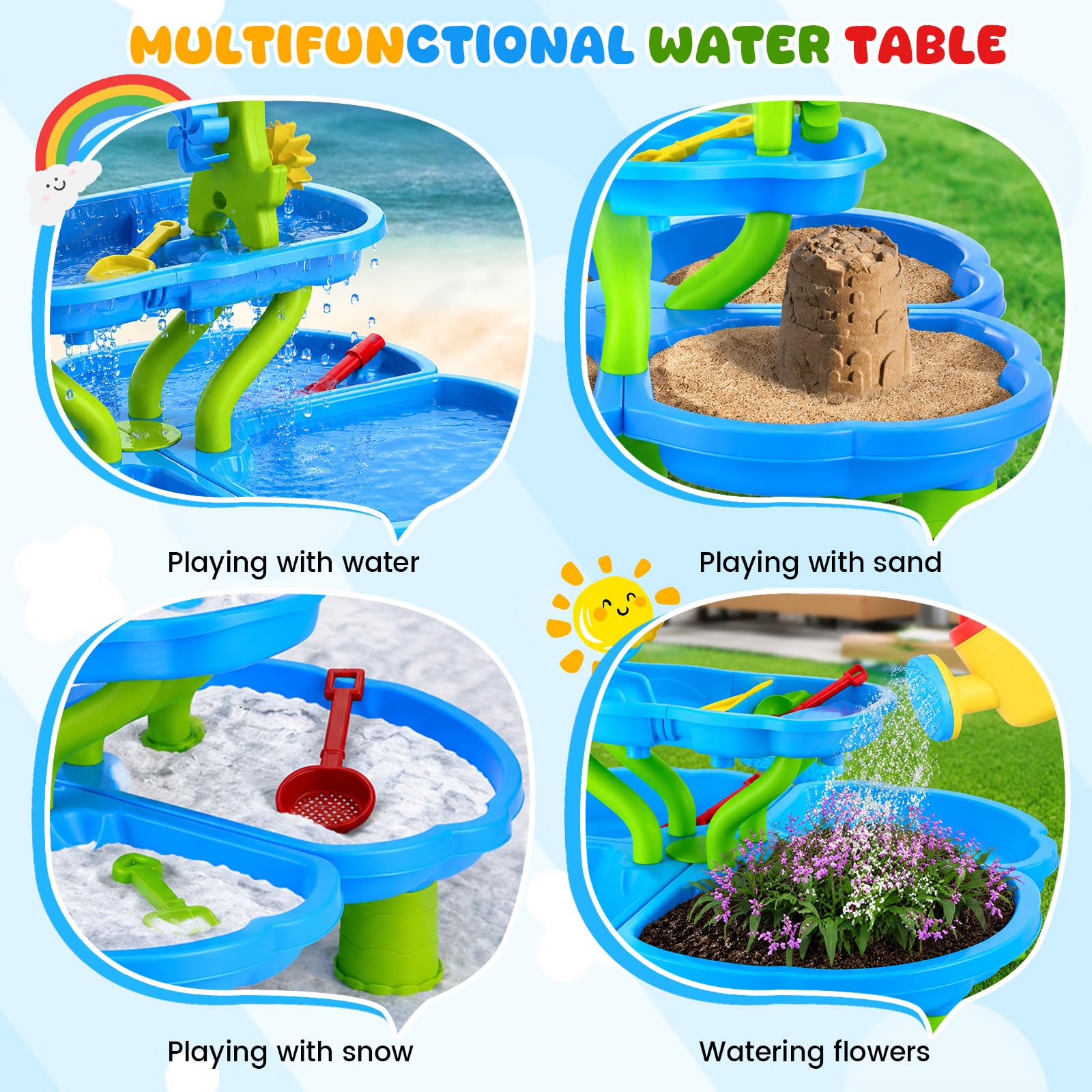 4 Livelli Tavolo Acqua e Sabbia per Bambini ,4 In 1 Tavolo D'acqua Bambini All'aperto con Accessori da Spiaggia(Stampo per Sabbia,Paletta,Annaffiatoio) per Spiaggia,Giardino e All'aperto,per 3+ Anni