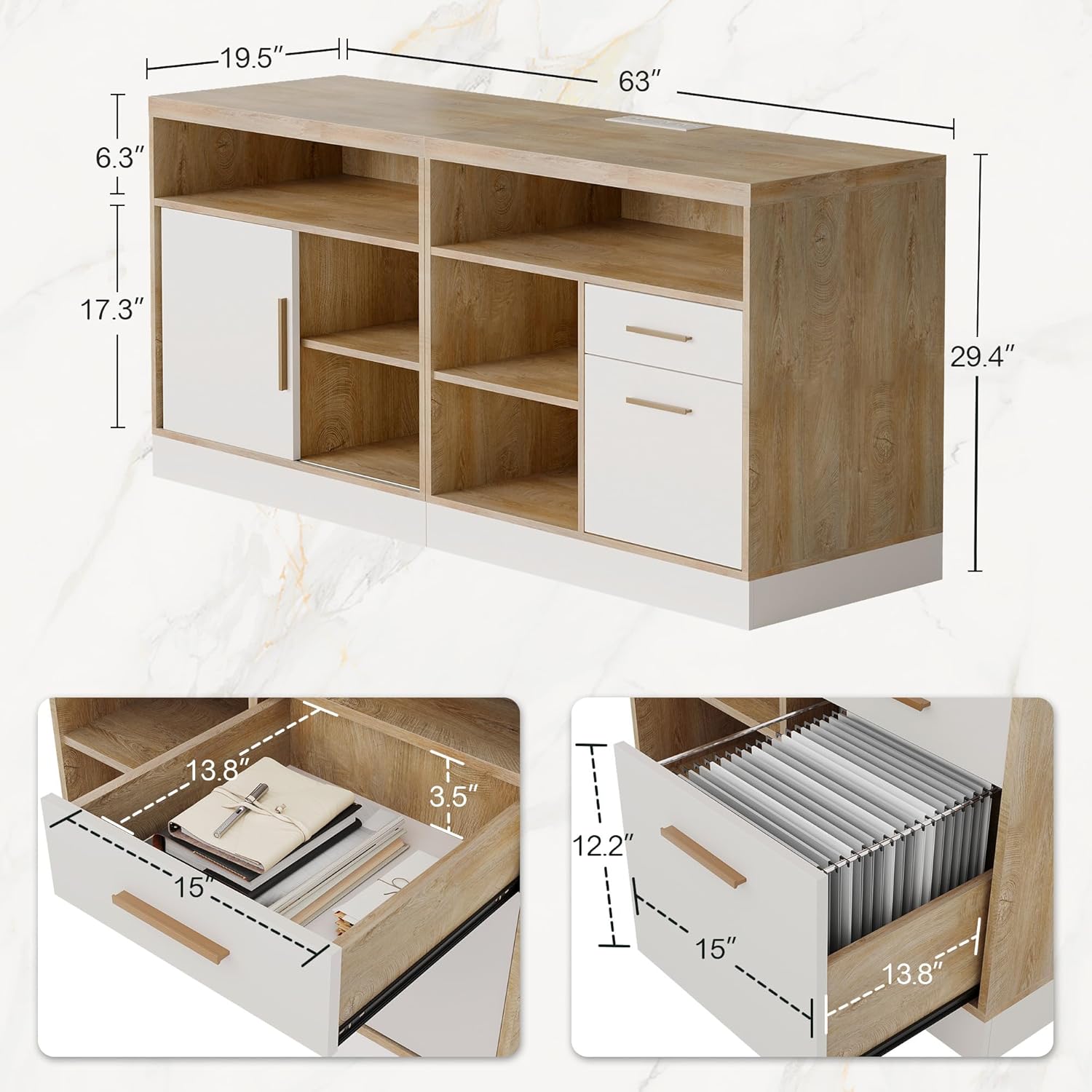 63" Wood Lateral File Cabinet with Lock, Filing Cabinet for Home Office with Adjustable Storage Shelves, Wide Office Credenza, Fits Letter/A4 Size, Light Walnut