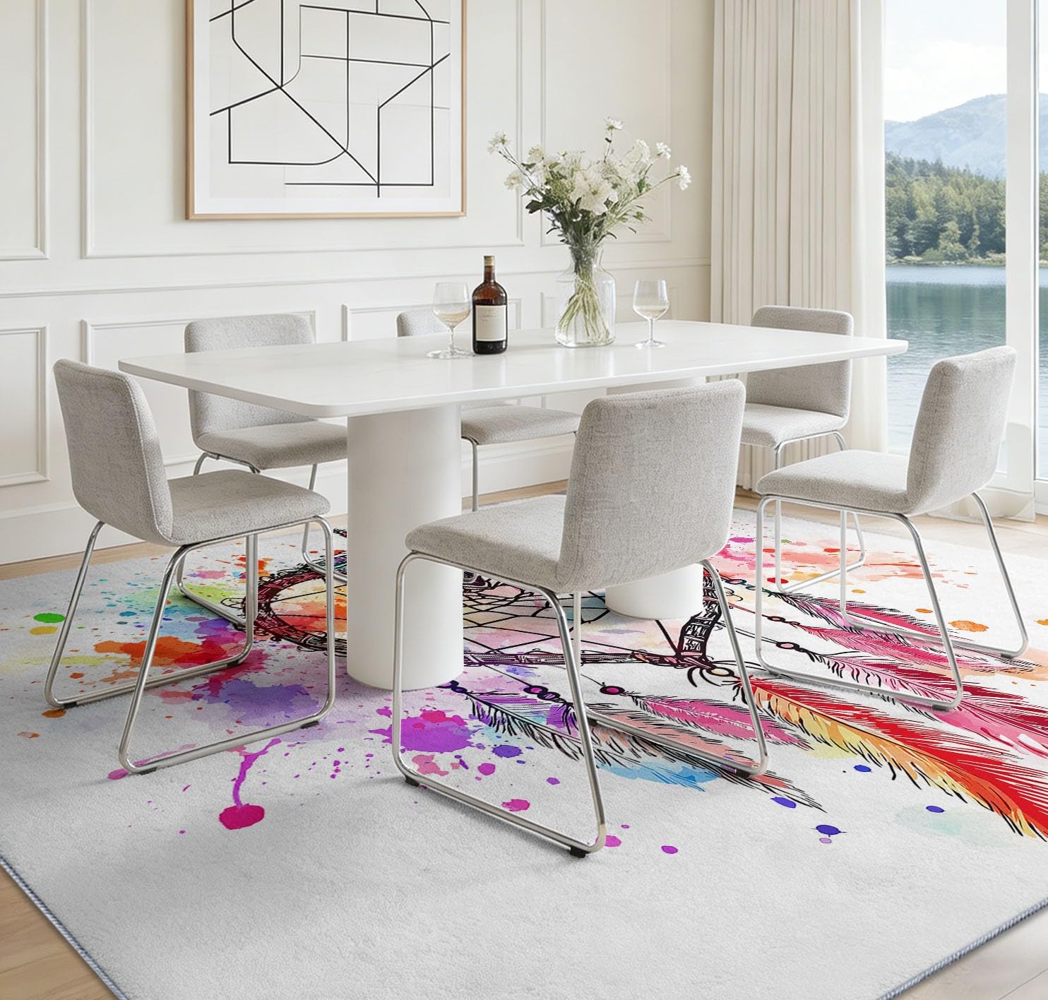 Spirituelle Boho-Kunst 80 x 150 cm Waschbar Teppich Wohnzimmer, Verträumt Traumfänger Federn Textur Rutschfest Teppich Schlafzimmer Mehrfarbig Kurzflor für Kinderzimmer Bettvorleger Spielzimmer