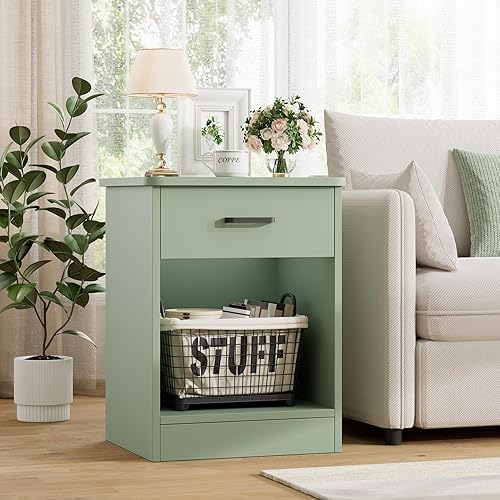 Miniatura 5 de FOTOSOK Juego de 2 mesitas de noche, mesa auxiliar de 2 niveles con cajón y estante de almacenamiento, mesa de noche, mesita de cabecera, mesita de